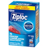 Ziploc Medium Plastic Freezer Bags Mega Pack, 520-mL, 75-pk Front_Three_Fourths_Angled_Left