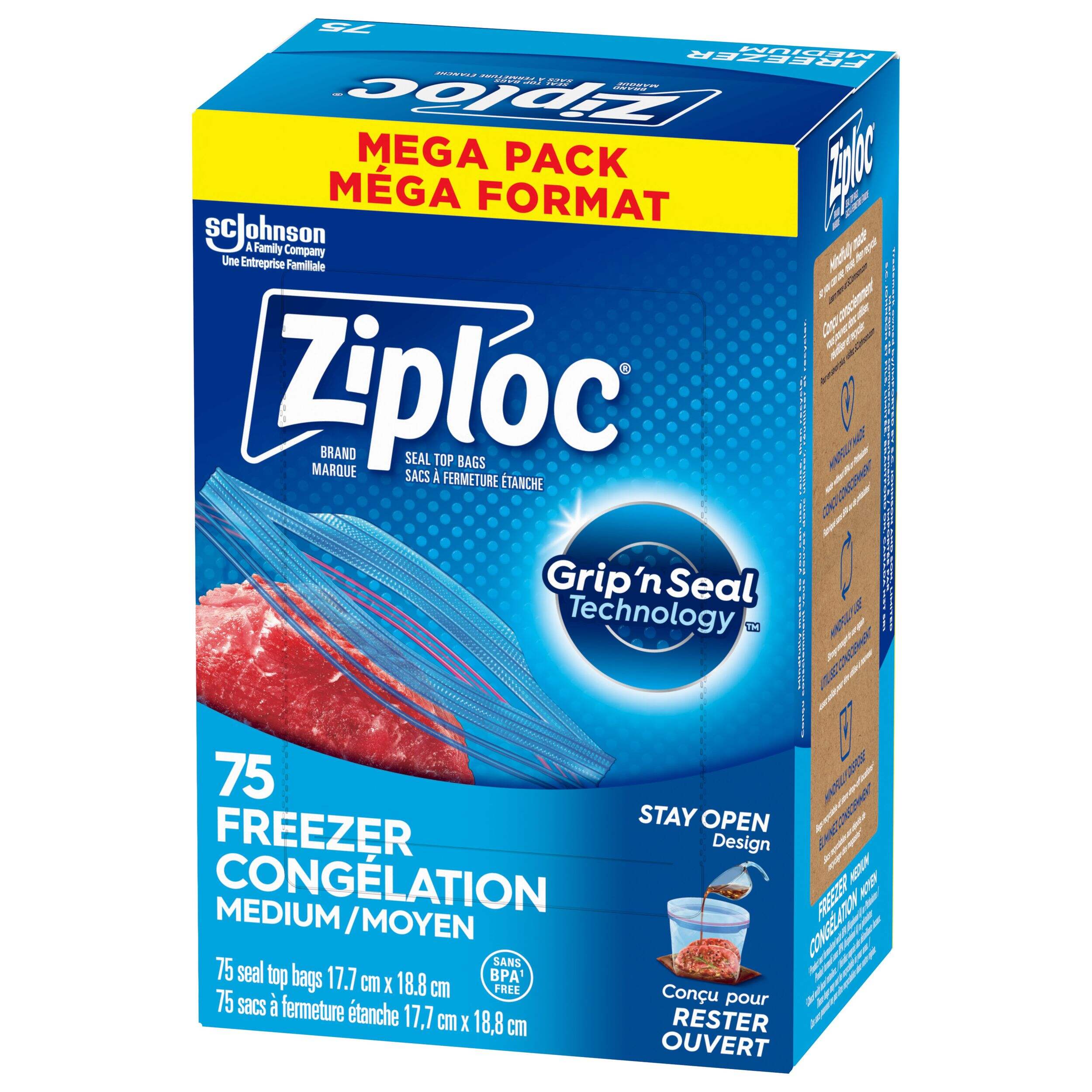 Ziploc Medium Plastic Freezer Bags Mega Pack, 520-mL, 75-pk Front_Three_Fourths_Angled_Left