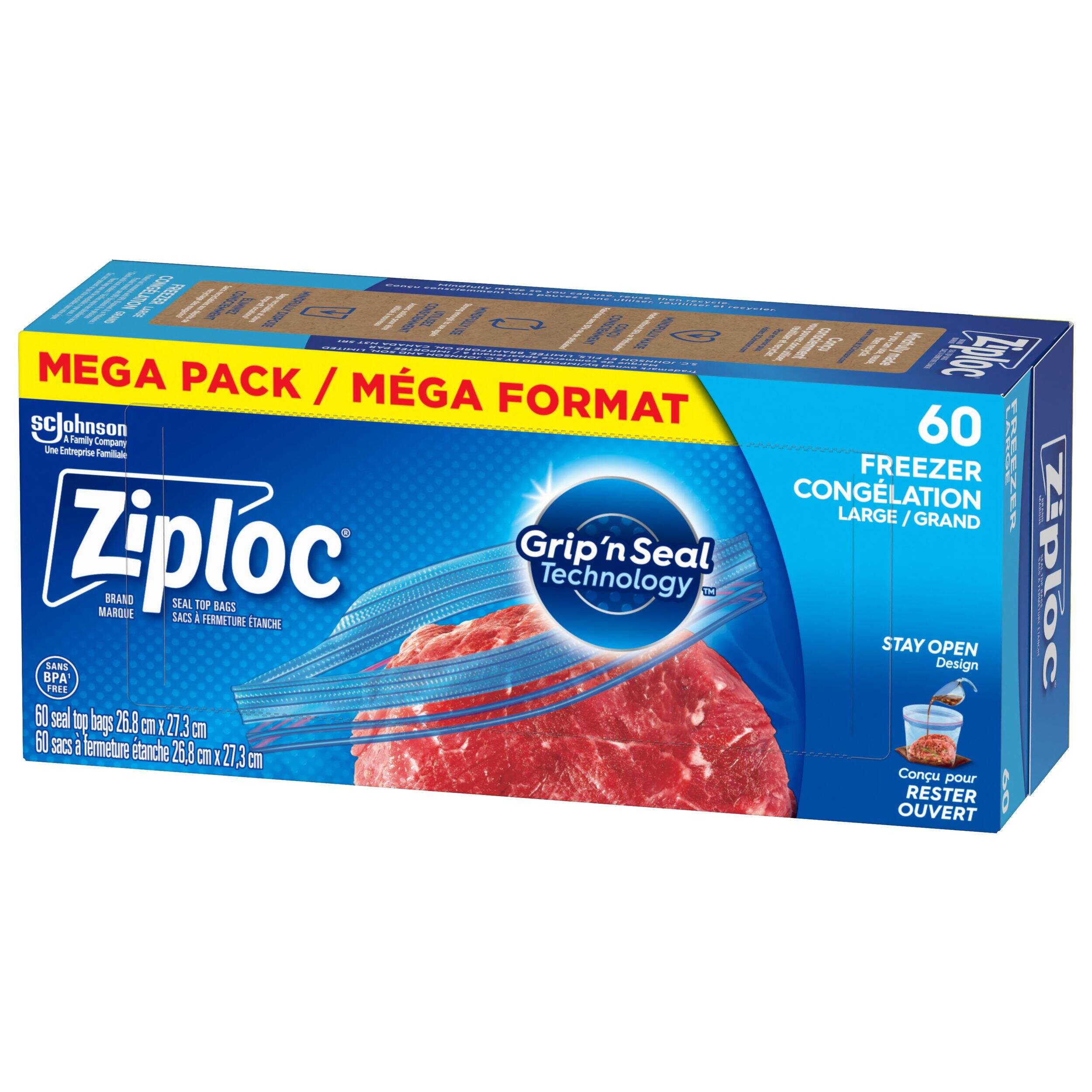 Ziploc Large Plastic Freezer Bags Mega Pack, 760-mL, 60-pk Front_Three_Fourths_Angled_Left