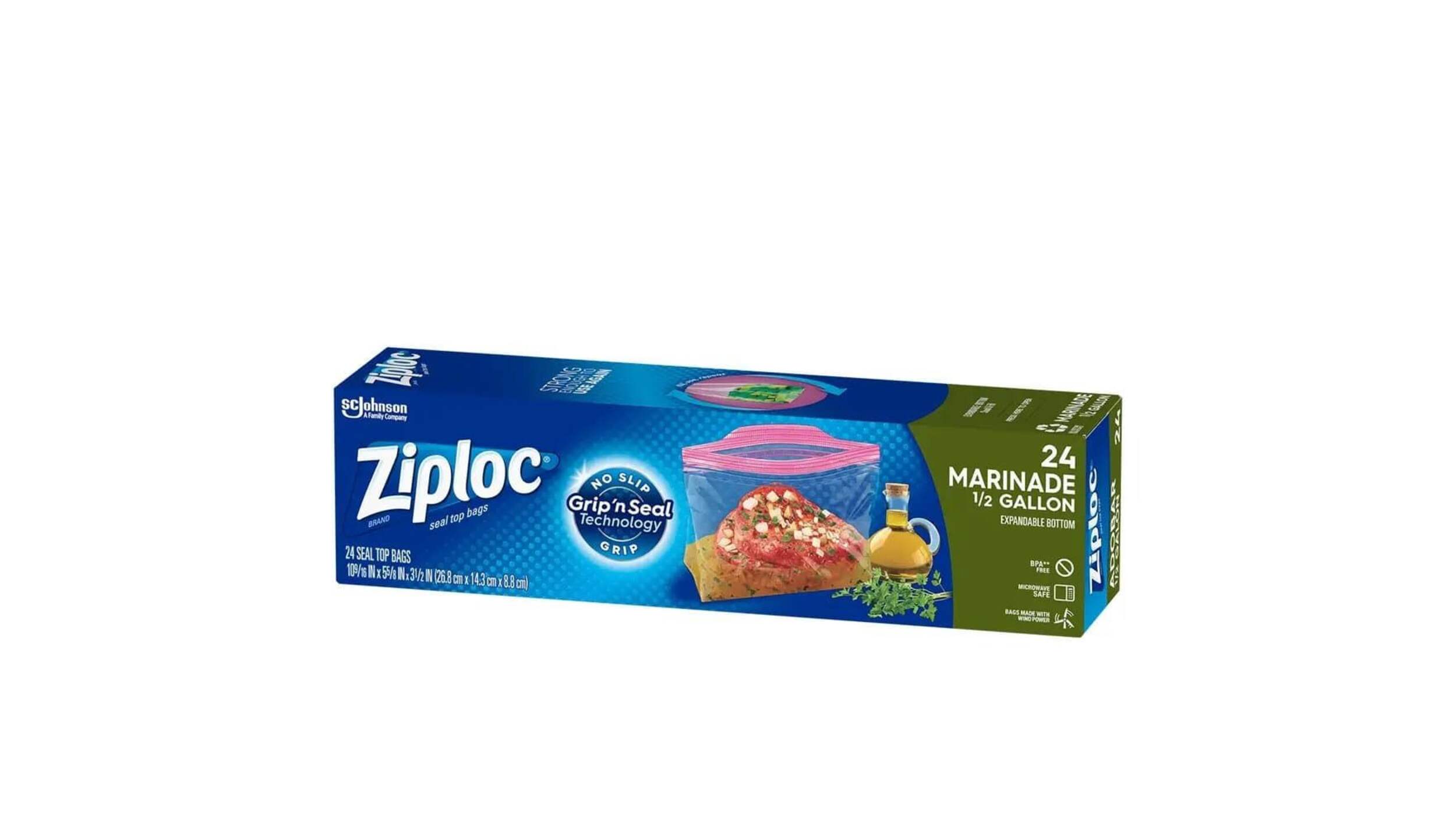 Ziploc Mess Free All-Purpose Plastic Marinade Bag, 8-Cup, 24-pk Front_Angled_Left