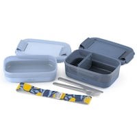 ello Stackable Bento Lunch Food Storage Container with Stainless Steel Flatware, Blue, 2-pk Composite_or_Mixed