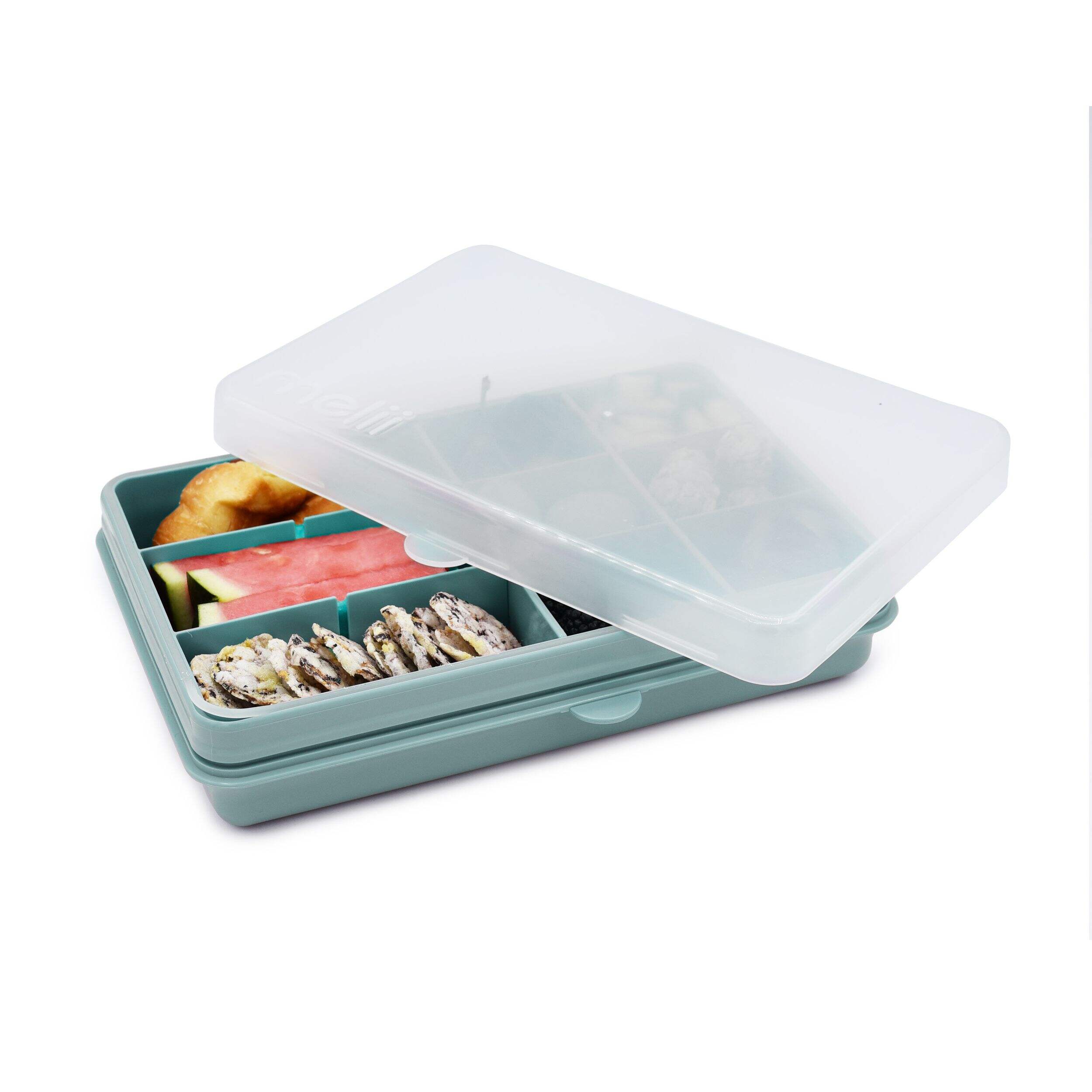melii Regular Divided Snackle Box, Food Storage Container with 12 Compartments, Sage Overhead_Plunge