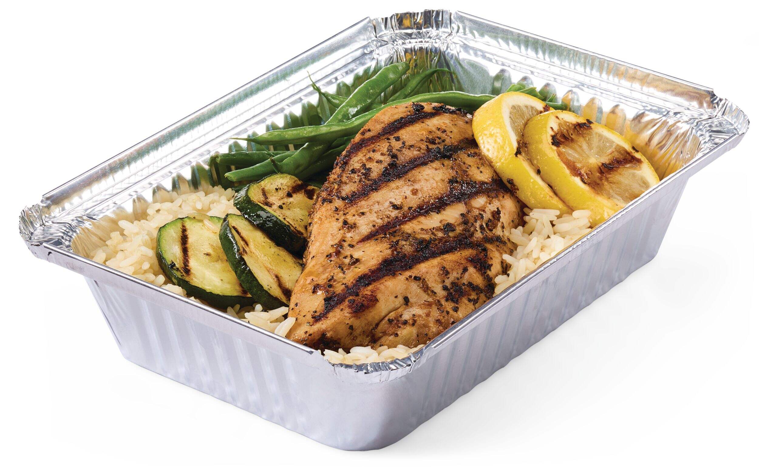 Master Chef Disposable Foil Take Out Food Storage Container with Lid, 3-lb, 4-pk Overhead_Plunge