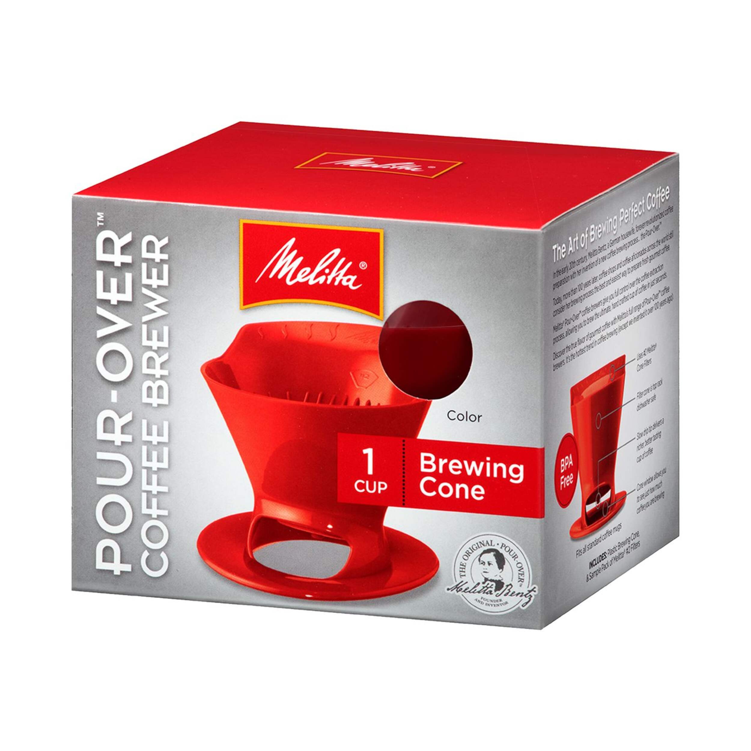 Melitta Ready Set Joe Single Cup Pour Over Coffee Brewer Maker, Portable, Red Front_Three_Fourths_Angled_Left