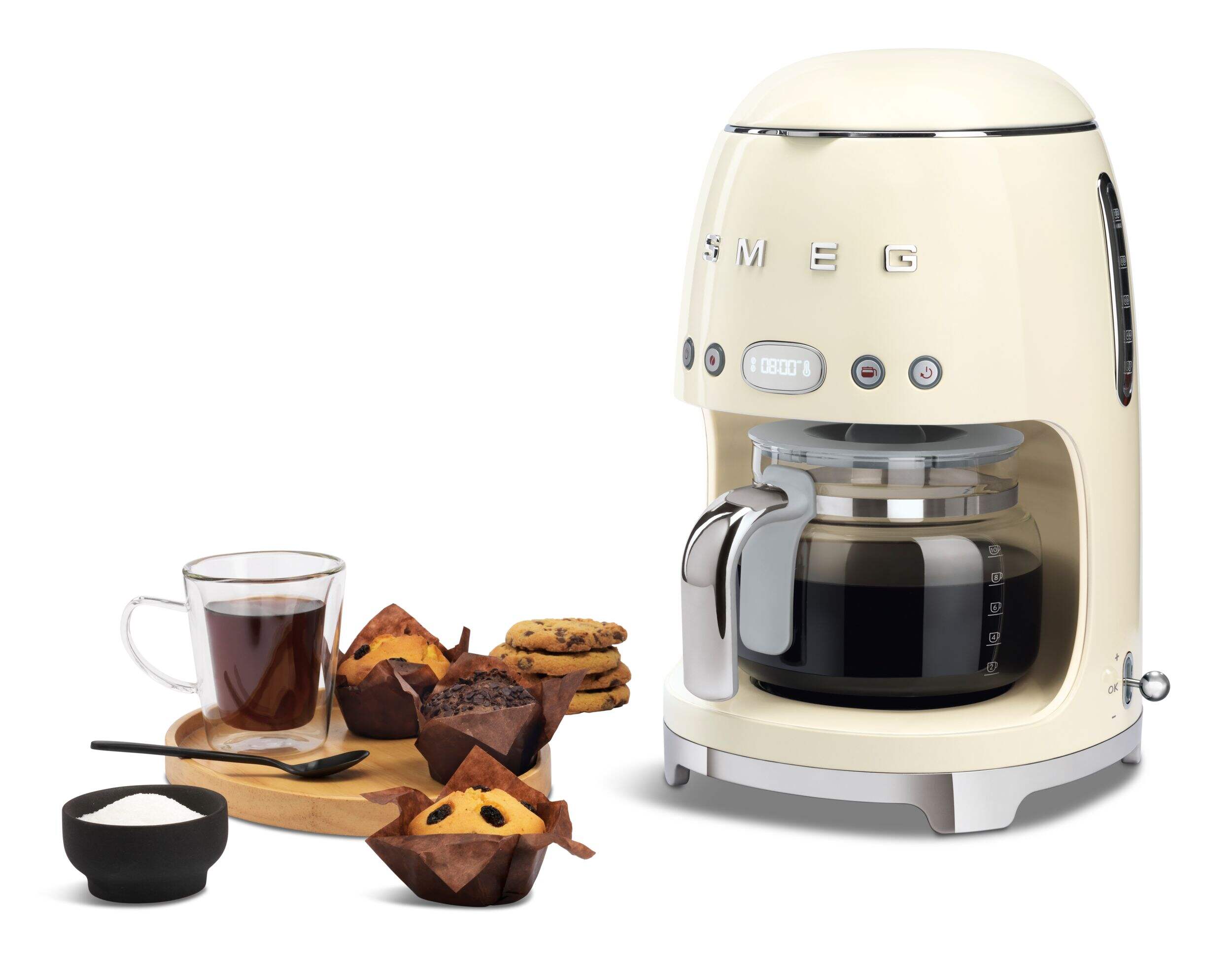 Smeg 50's Style Programmable 10-Cup Drip Coffee Maker, Cream Front_Three_Fourths_Angled_Left
