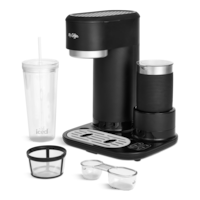 Mr. Coffee Hot Coffee, Iced Coffee & Latte Maker with Integrated Frother & Tumbler, Black Front_Angled_Left