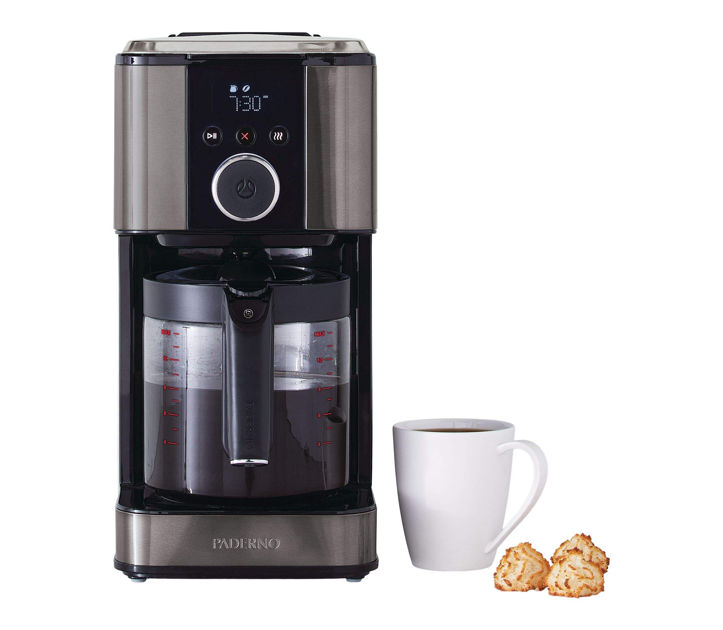 Paderno Programmable Coffee Maker with Glass Carafe, Black Stainless Steel, 12-Cup Front_Flat
