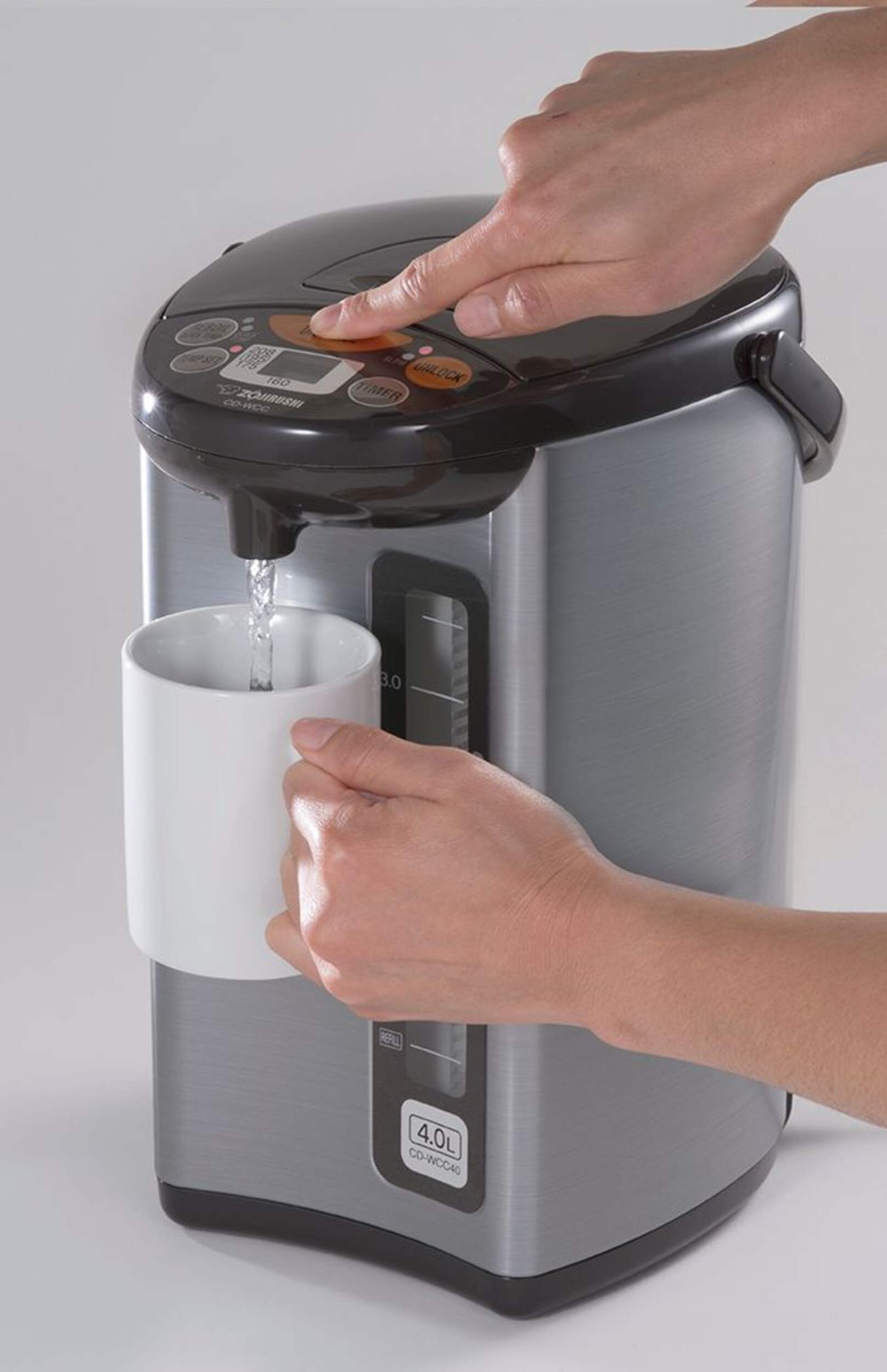 Zojirushi Electric Hot Water Boiler, Warmer & Dispenser, Black/Stainless Steel, 4-L Front_Angled_Left