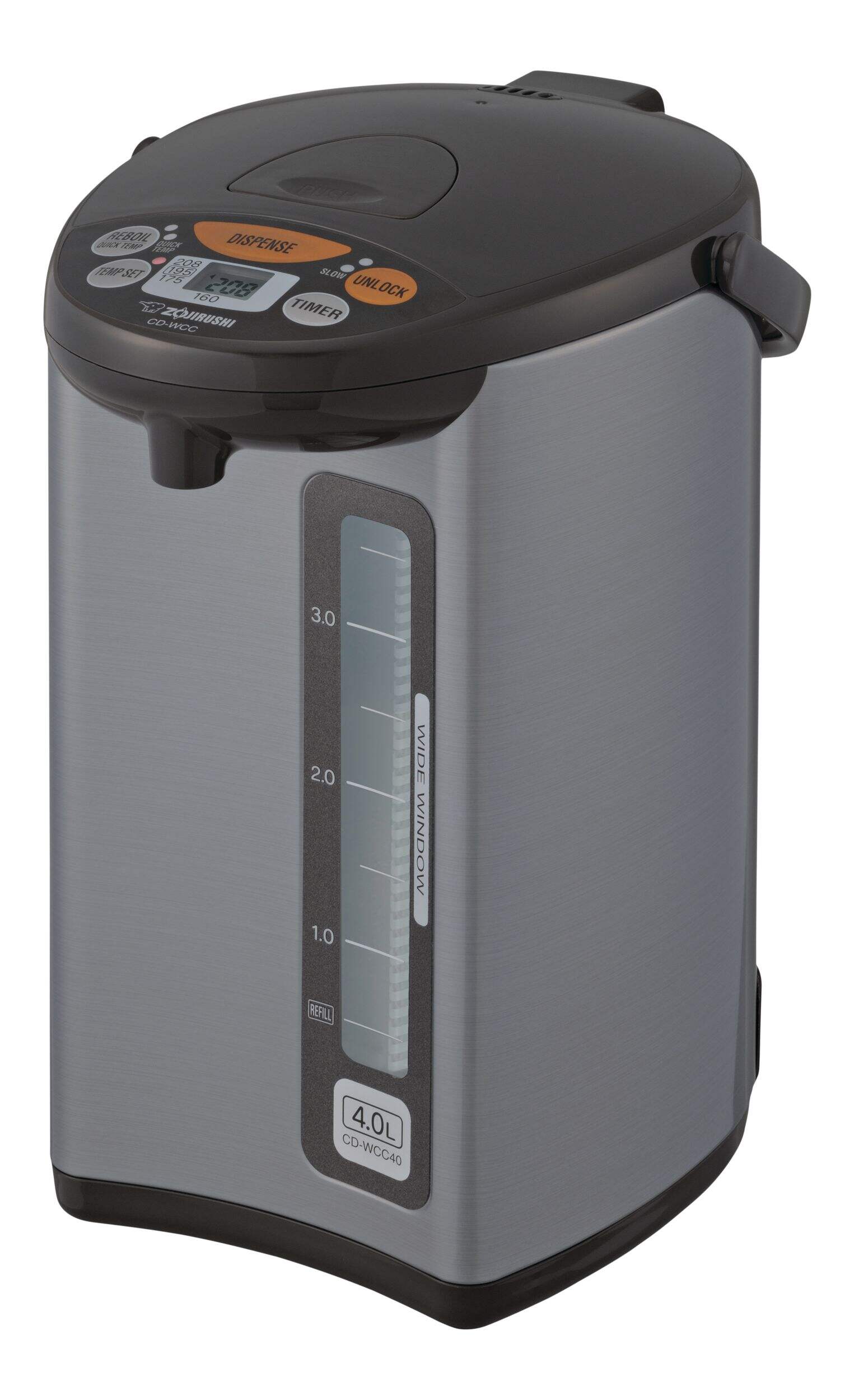 Zojirushi Electric Hot Water Boiler, Warmer & Dispenser, Black/Stainless Steel, 4-L Front_Three_Fourths_Angled_Left