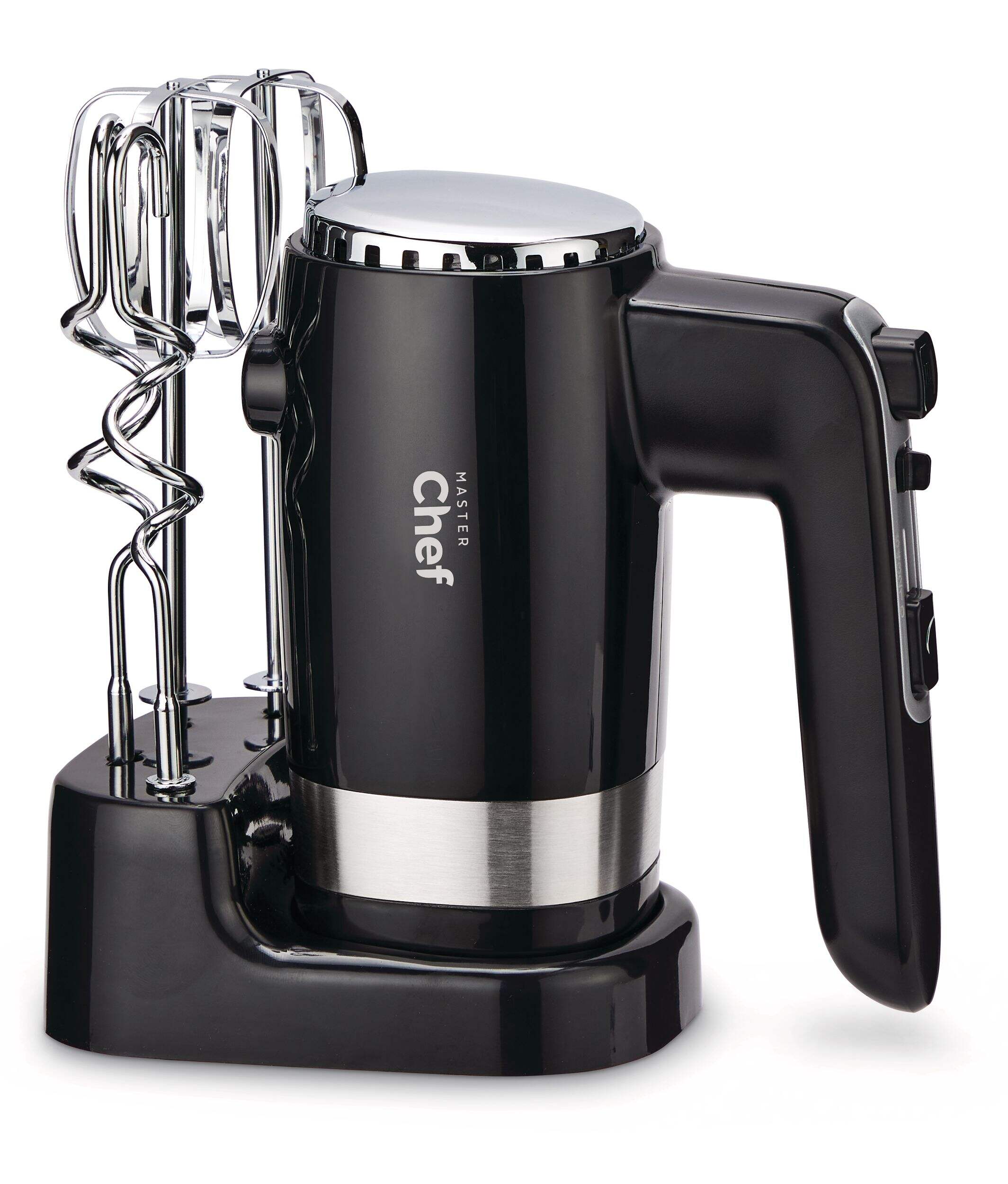 MASTER Chef 300W 5-Speed Electric Hand Mixer with Storage Base, Black Front_Angled_Right