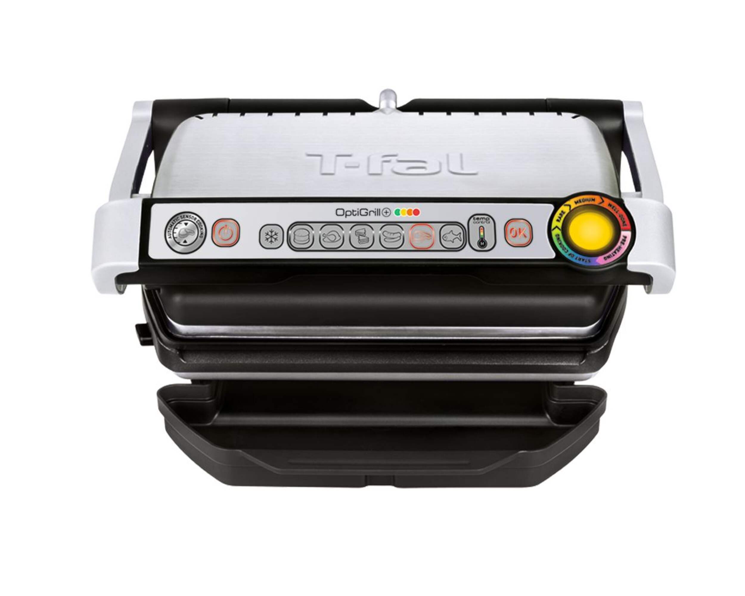 T-Fal OptiGrill Indoor Countertop Electric Smart Grill with 6 Cooking Programs, Automatic Sensor Cooking Front_Elevated