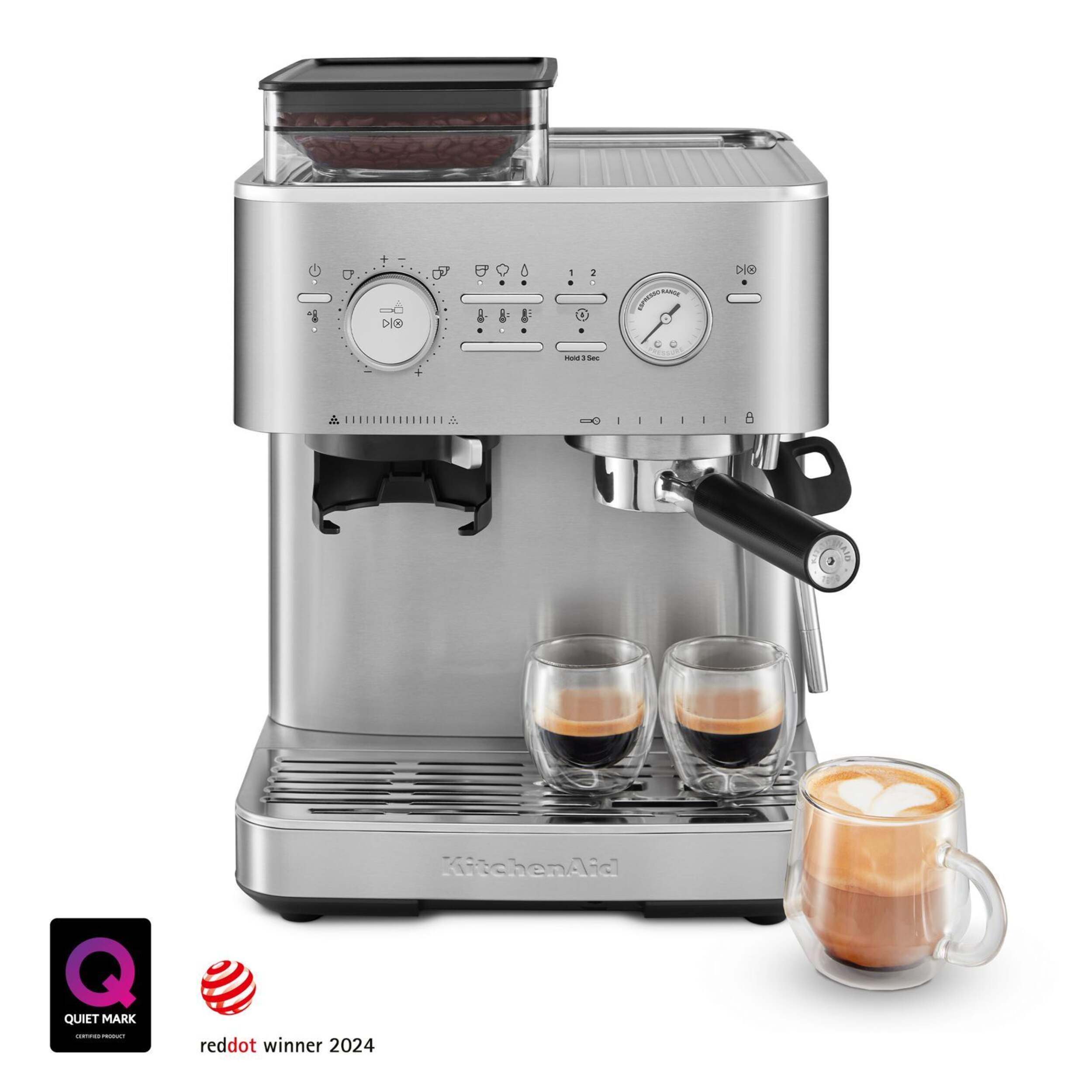 Kitchen Aid Semi Automatic Espresso Machine with Burr Grinder, Stainless Steel Front_Flat