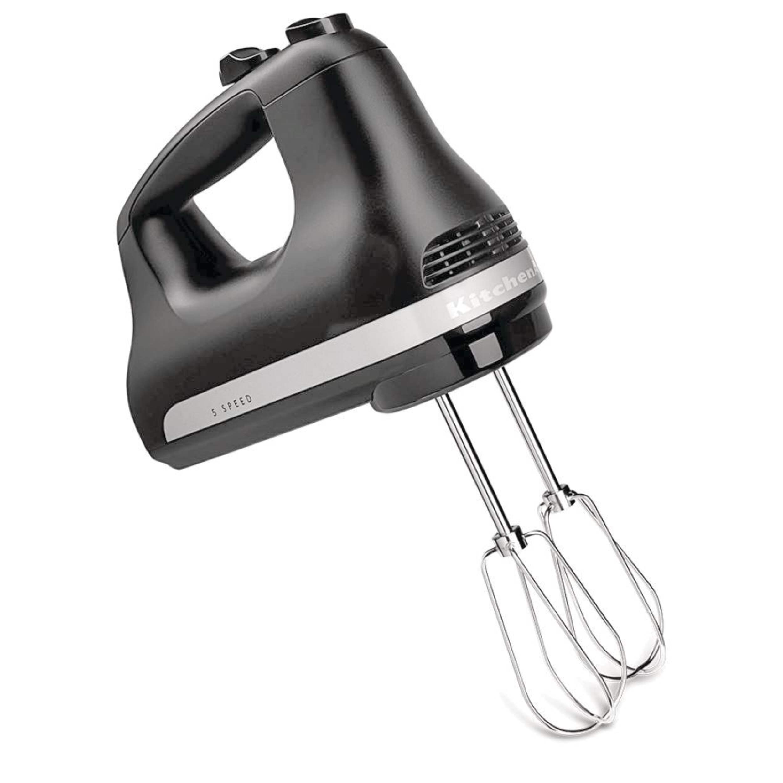 Kitchen Aid Compact 5-Speed Hand Mixer with Stainless Steel Accessories, Black Front_Three_Fourths_Angled_Right