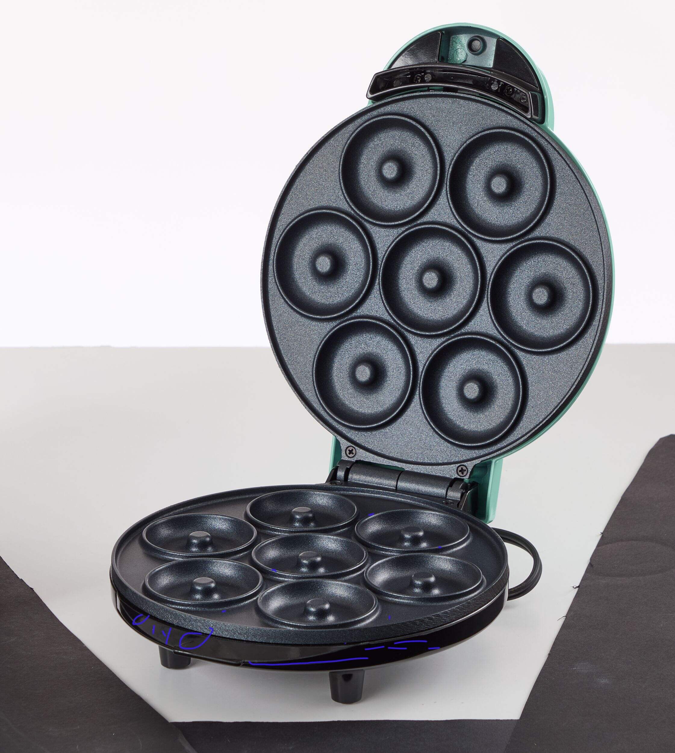 Dash Express Mini Compact Electric Donut Maker, Non-Stick Surface, Aqua Front_Angled_Left
