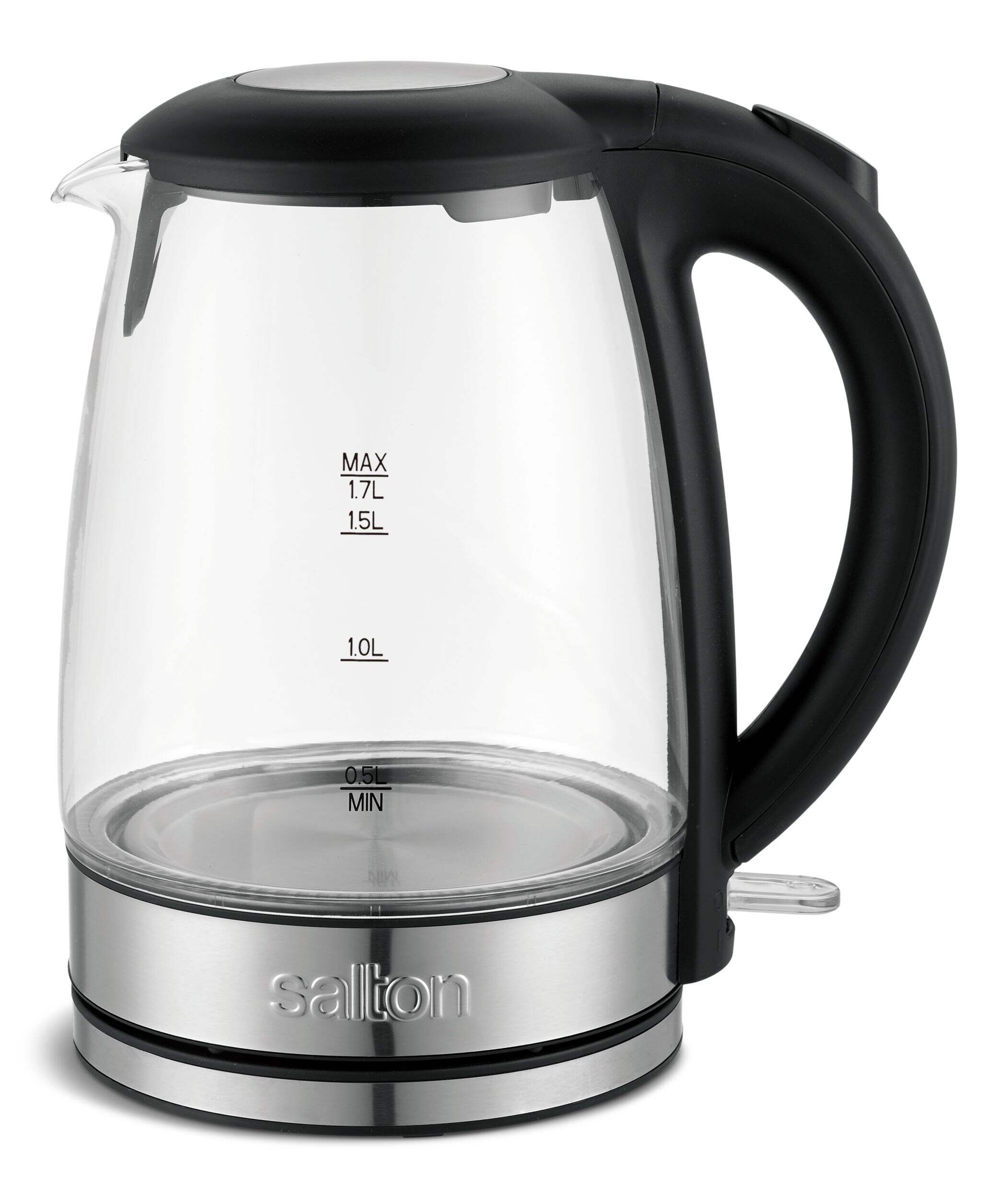 Salton Cordless Electric Glass Kettle with Auto Shut Off, Black/Stainless Steel, 1.7-L Front_Elevated
