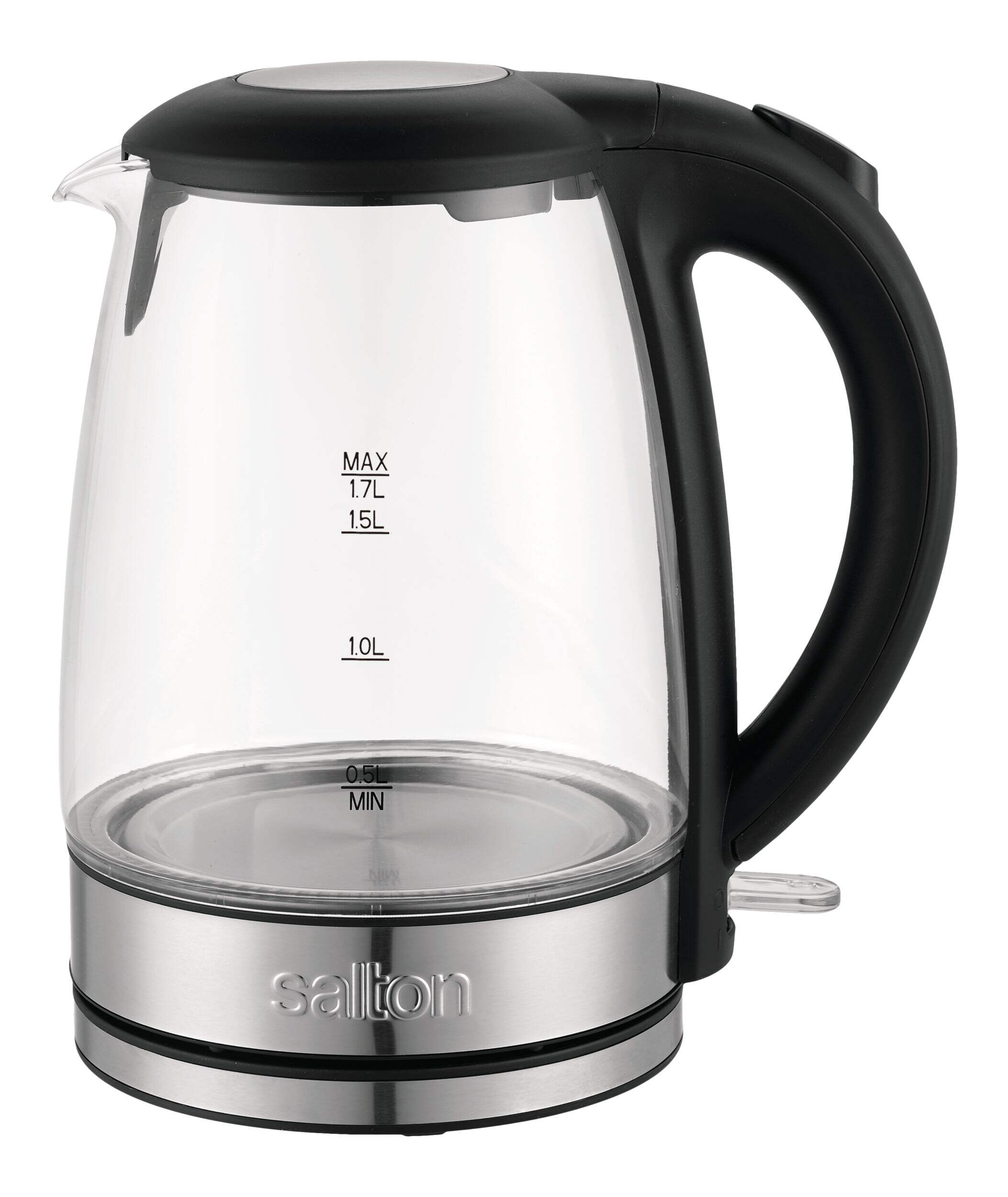 Salton Cordless Electric Glass Kettle with Auto Shut Off, Black/Stainless Steel, 1.7-L Front_Flat