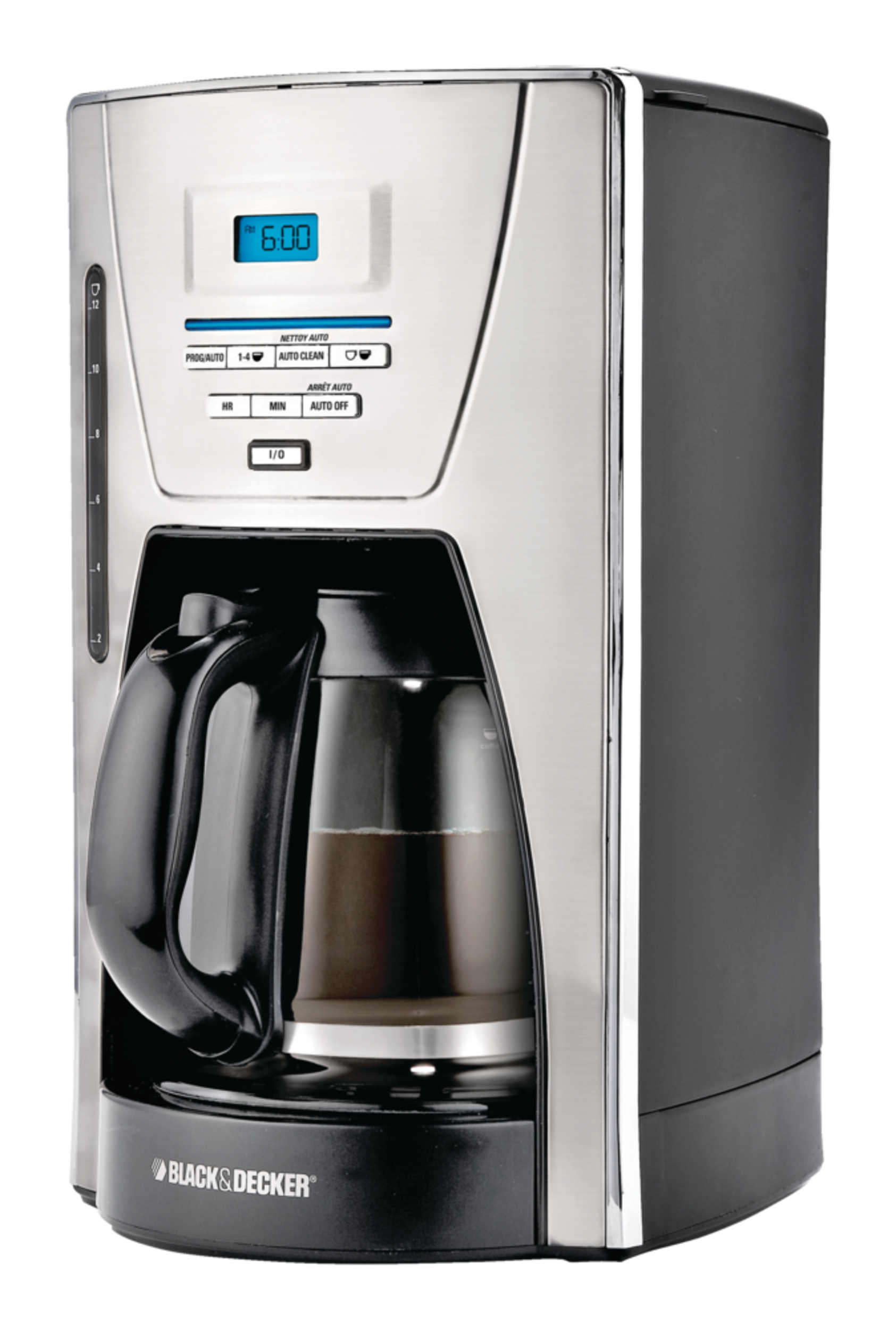 Black & Decker Kitchen Tools Coffee Maker w/ Glass Carafe, Stainless Steel, 12 Cups Front_Three_Fourths_Angled_Left