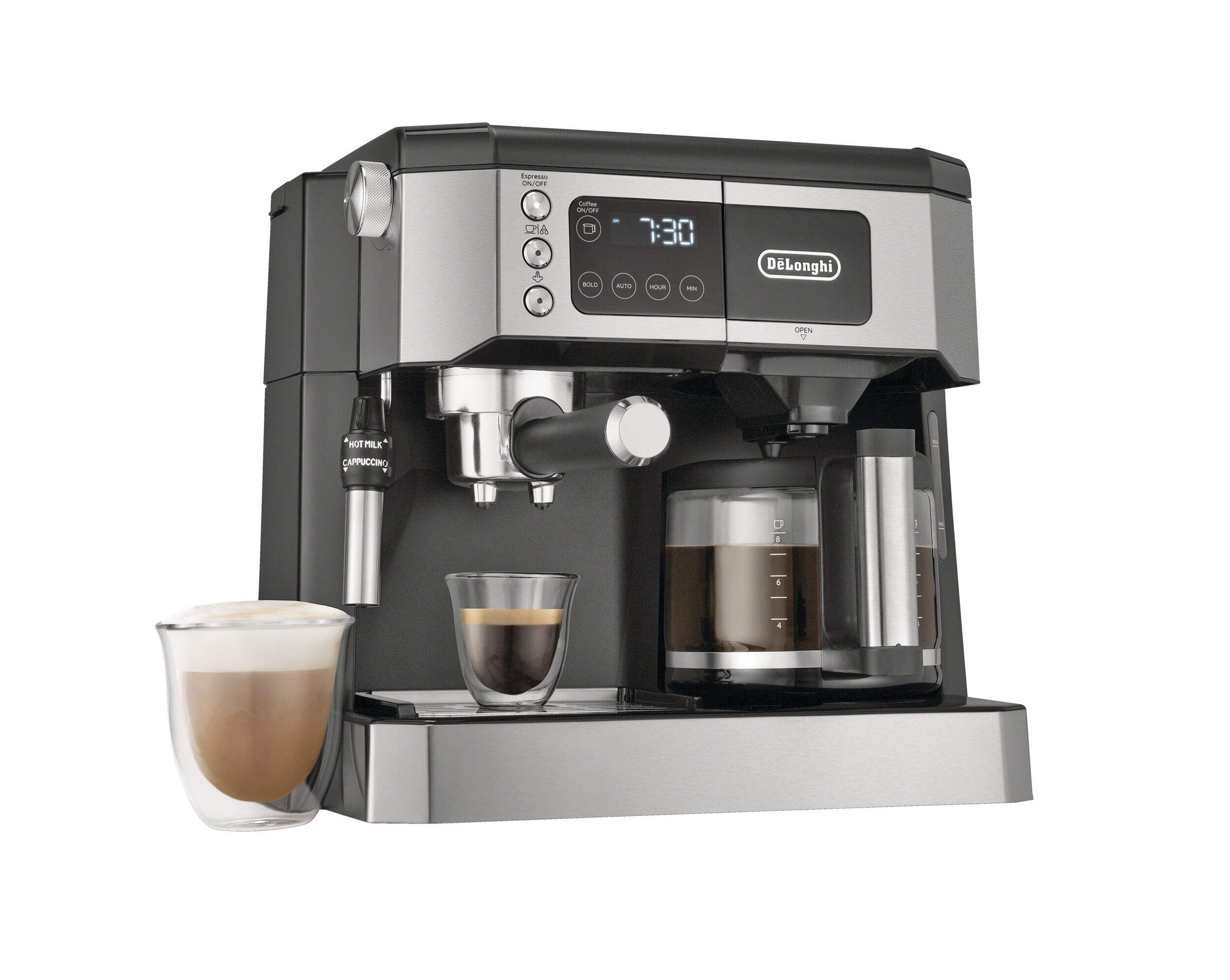 DeLonghi All-in-One Combination Programmable Digital Coffee & Espresso Maker w/ 10-cup Carafe, 15 Bar Pump Front_Angled_Right