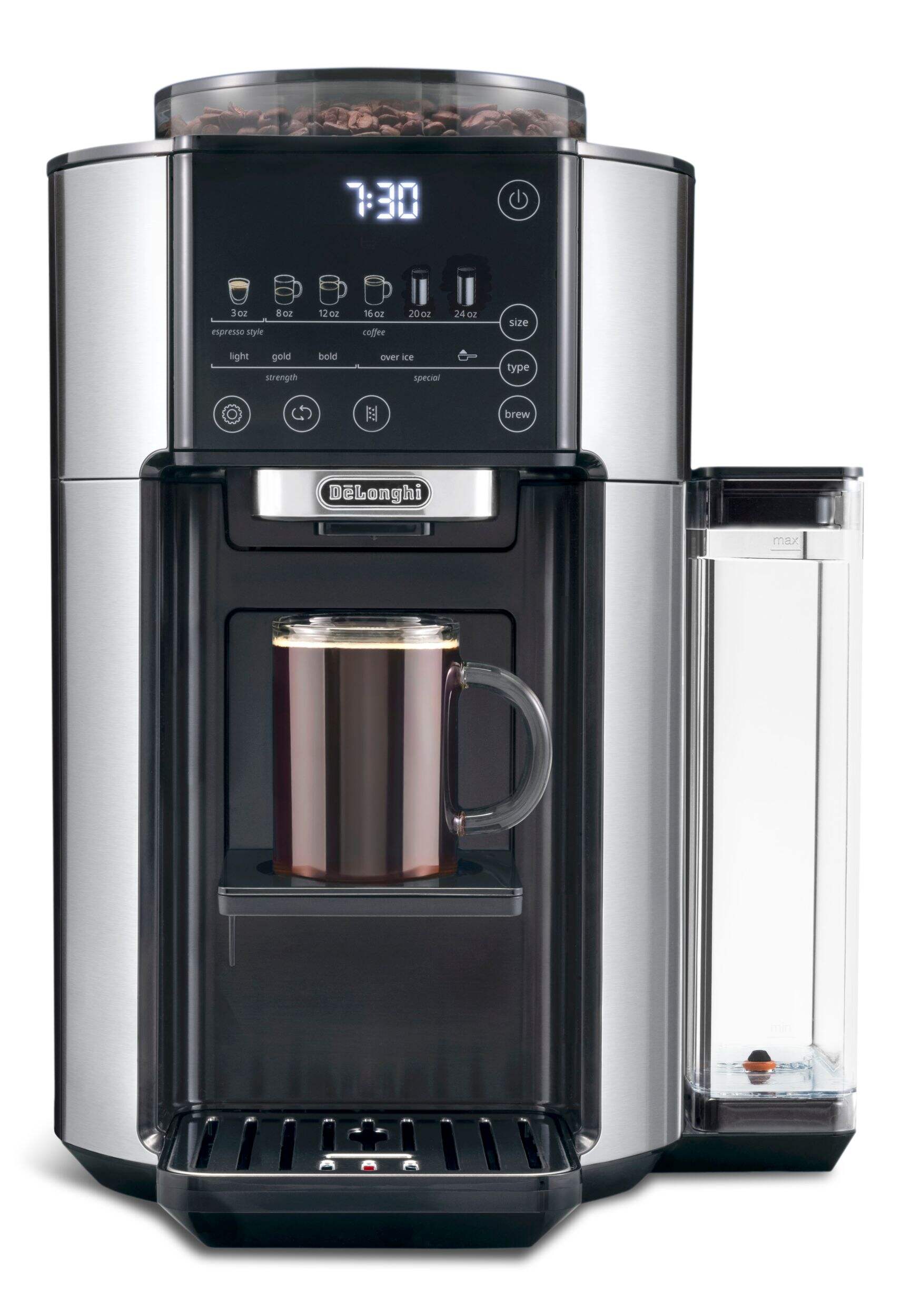 DeLonghi TrueBrew Single Serve Drip Coffee Maker with Built-In Grinder, Silver Front_Flat