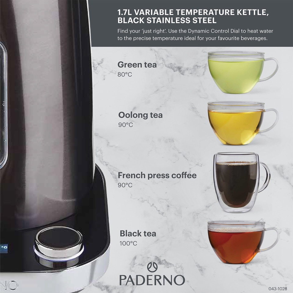 PADERNO Cordless Programmable Electric Kettle w/ Digital Display, Black