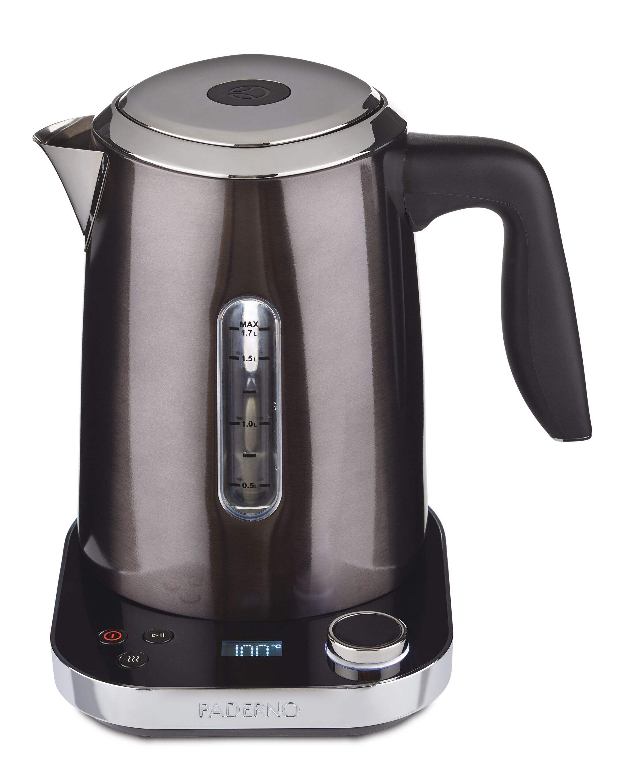 PADERNO Cordless Programmable Electric Kettle w/ Digital Display, Black Stainless Steel, 1.7L Front_Elevated