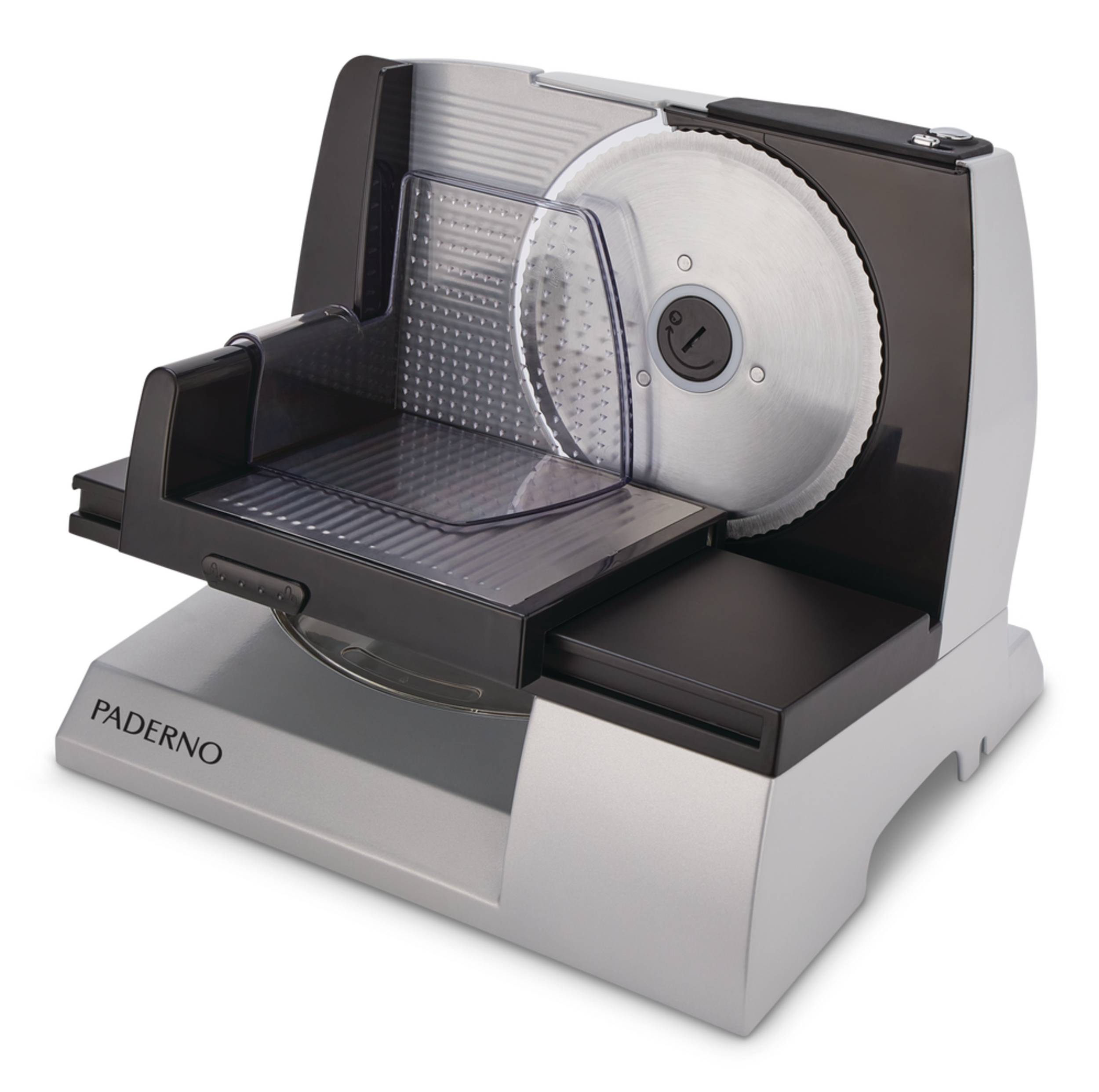 PADERNO Electric Food Slicer w/ Removable Parts, Black Stainless Steel Front_Three_Fourths_Angled_Left