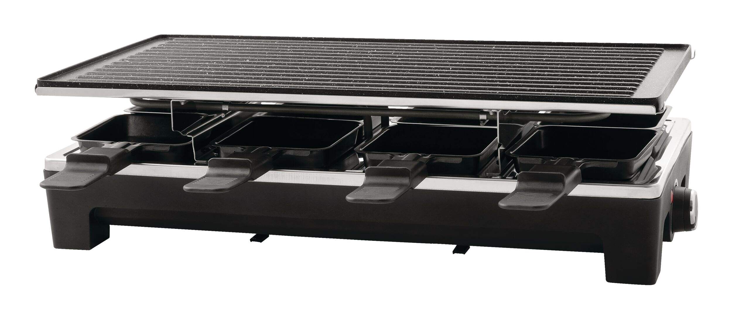 Salton Non-Stick 8-person Raclette/Party Grill Set, Stainless Steel, Black, 18x9-in Front_Angled_Left