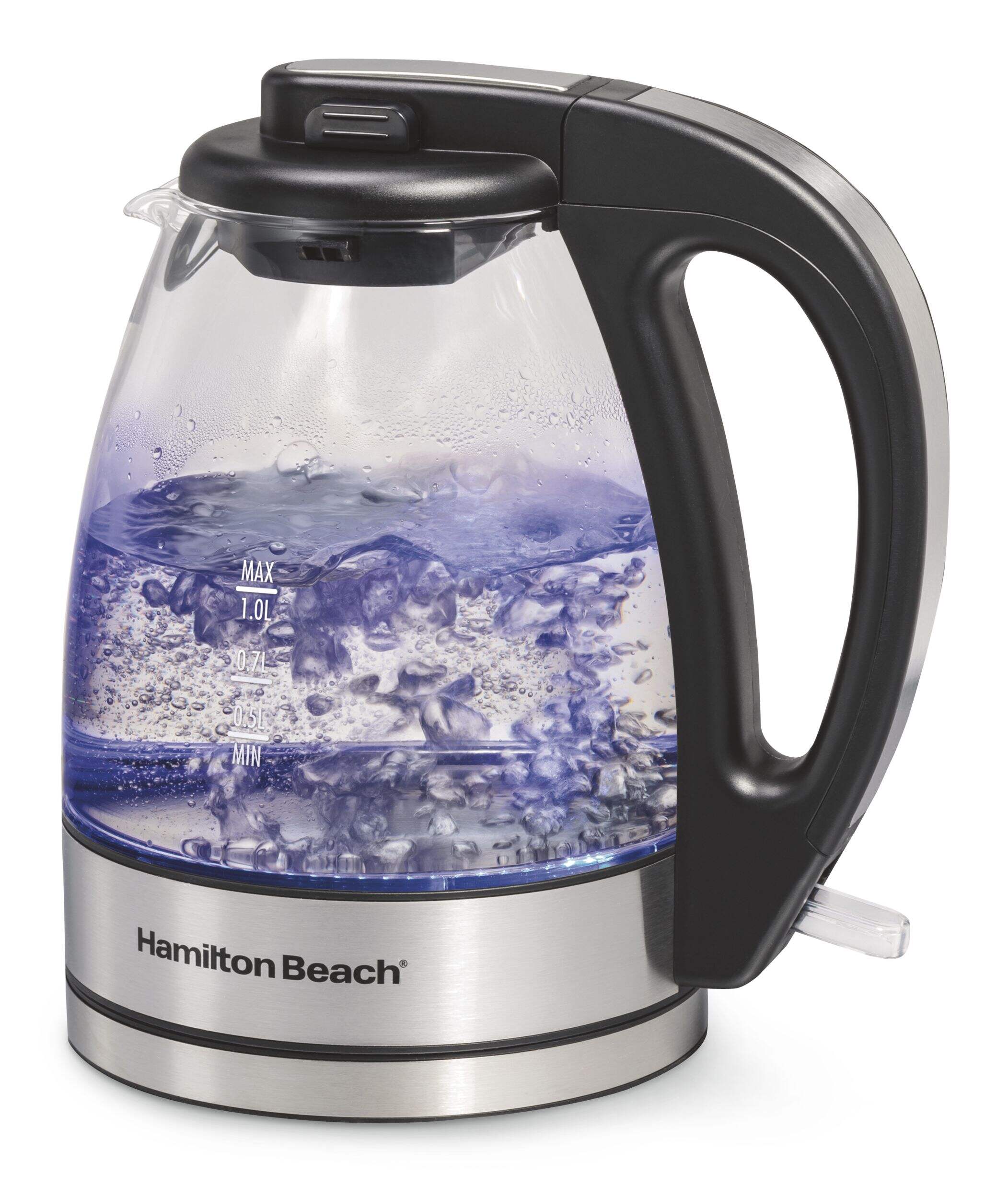 Hamilton Beach Cordless Electric Kettle w/ Auto Shut Off & Blue LED Light, Glass, 1L Front_Three_Fourths_Angled_Left