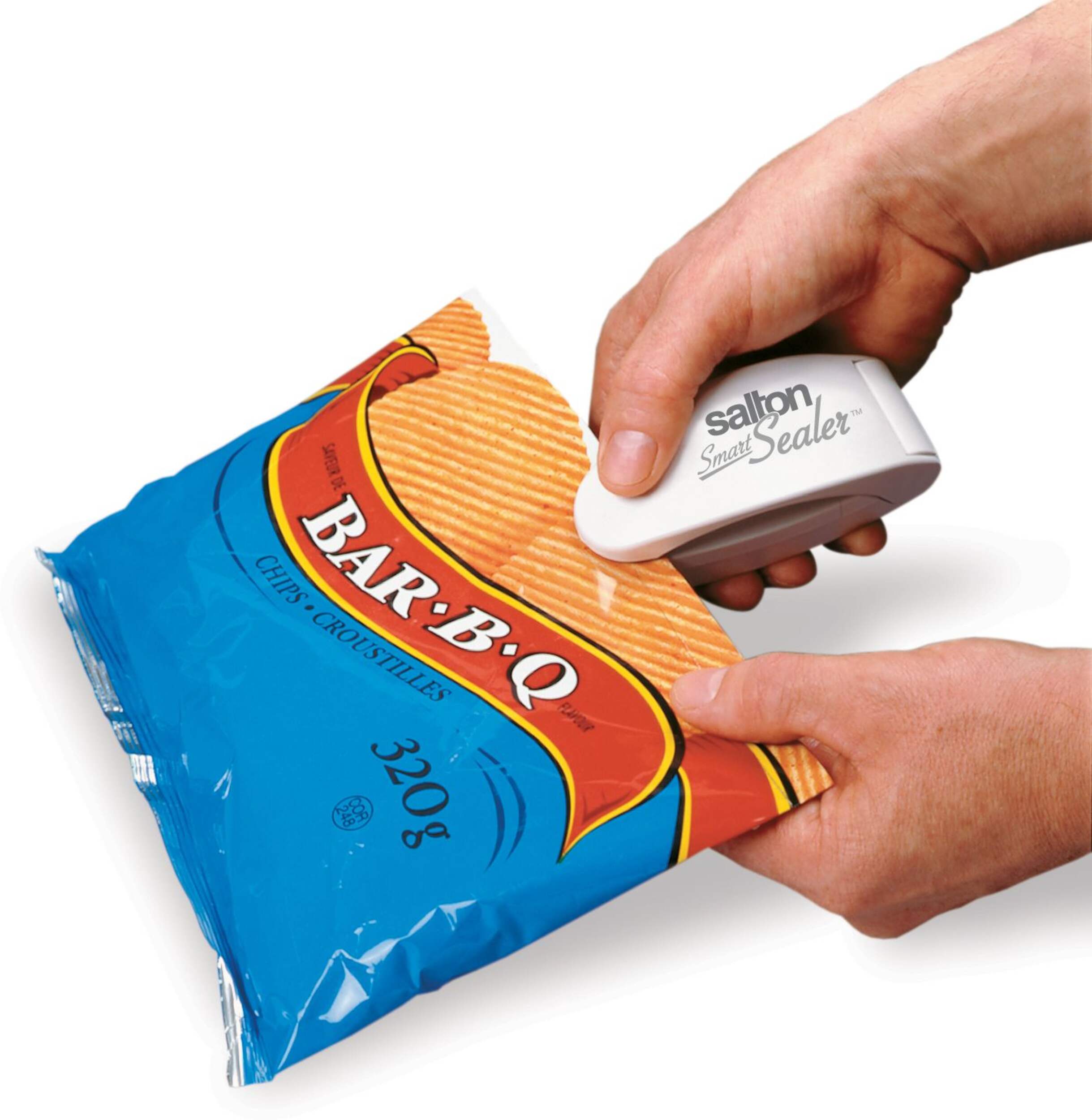 Salton SmartSealer™ 2-in-1 Portable Bag Sealer & Cutter w/ Magnetic Strip, White Front_Angled_Left
