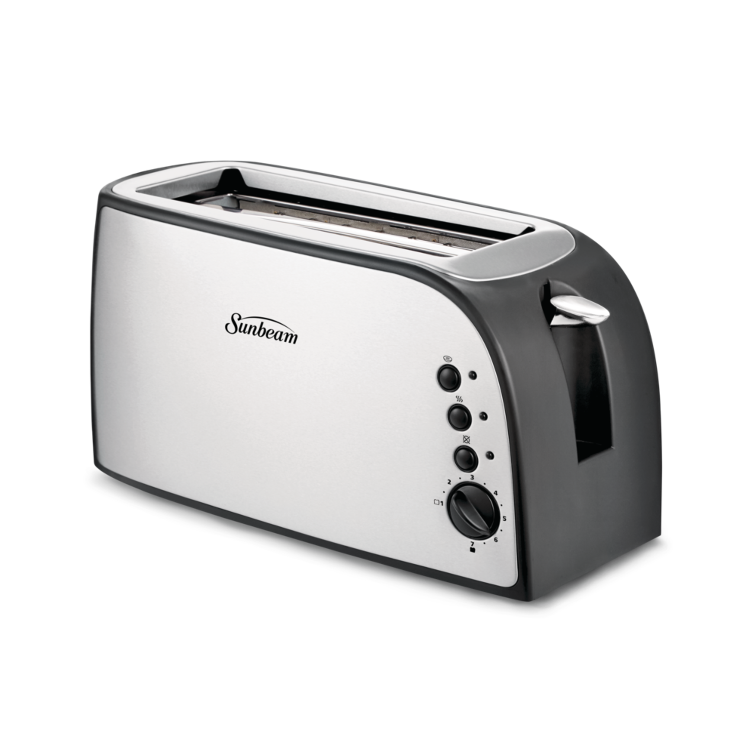Sunbeam Designer Long Slots Toaster w/ 7 Settings, Stainless Steel, Black, 4-Slices Front_Three_Fourths_Angled_Right