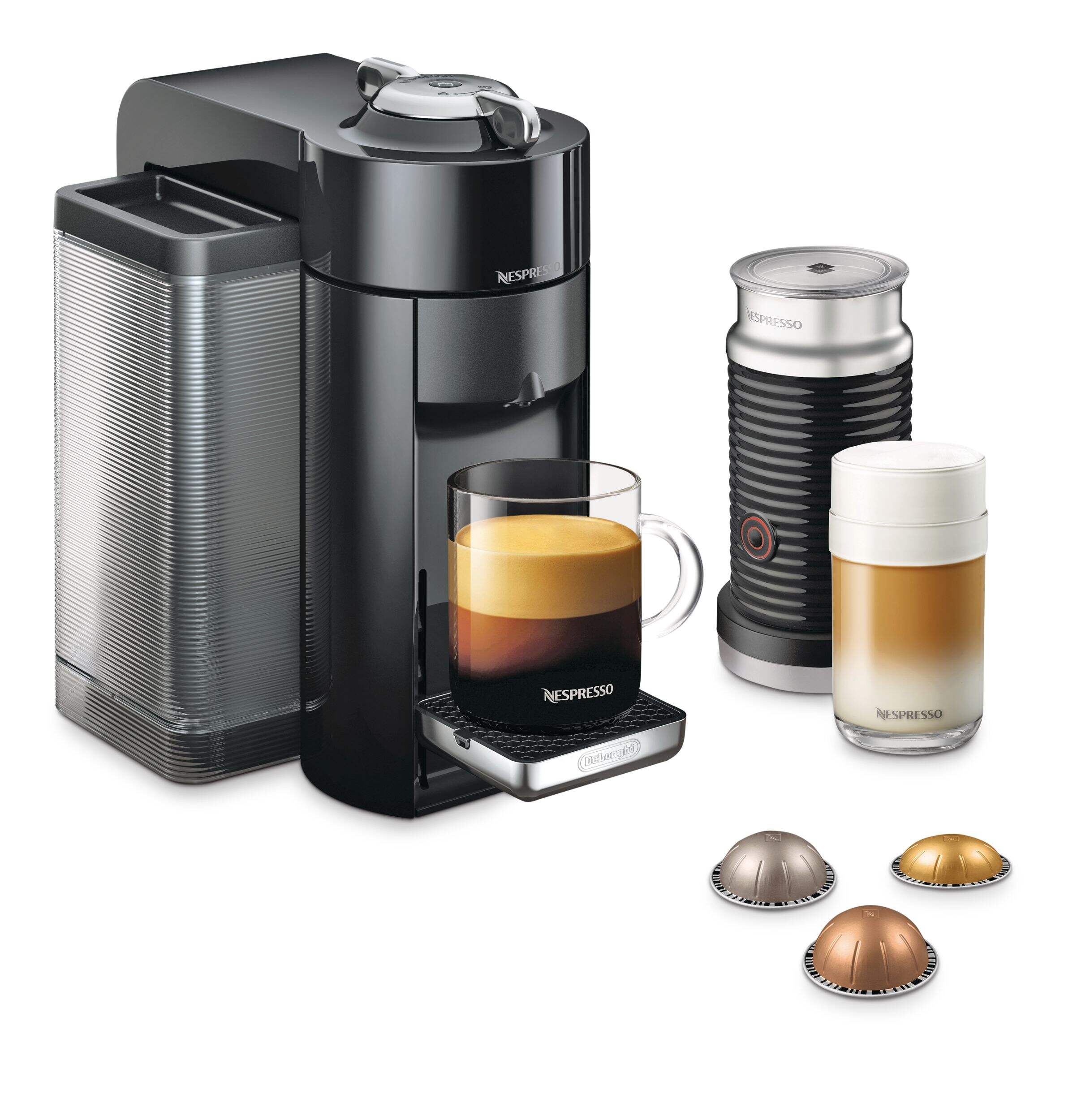 Nespresso Vertuo Coffee & Espresso Machine by DeLonghi w/ Aeroccino Milk Frother, Black Front_Angled_Right