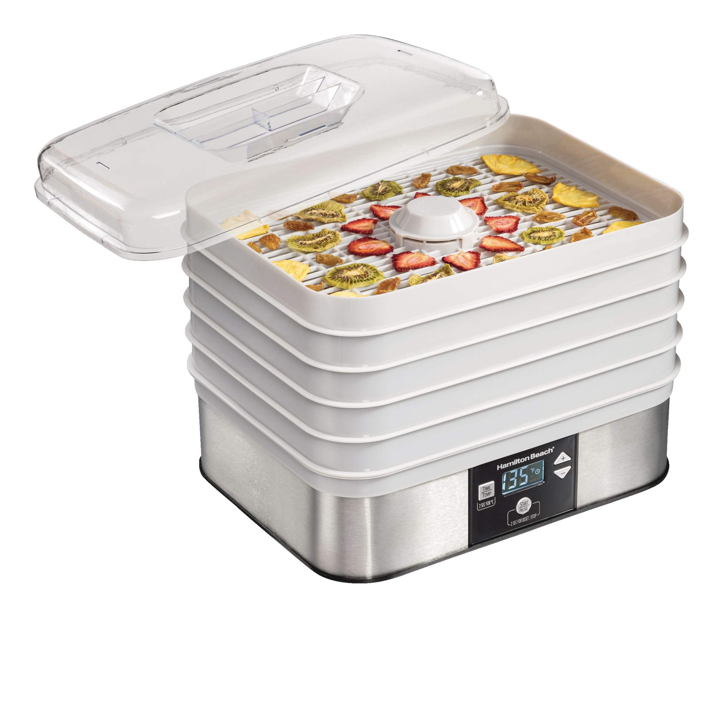 Hamilton Beach Digital Food Dehydrator w/ Adjustable Thermostat, Grey Front_Three_Fourths_Angled_Right