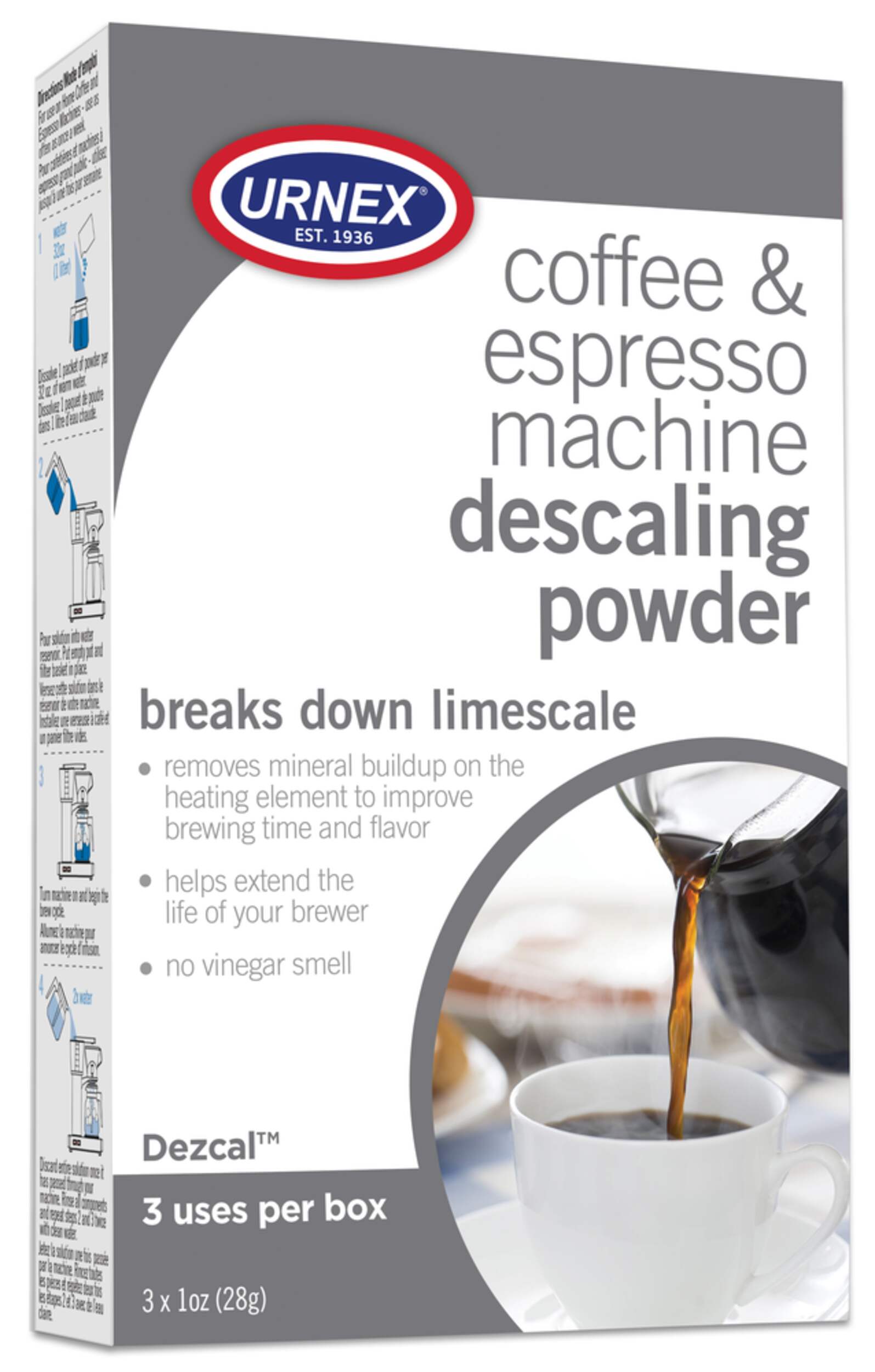 Urnex Descaling Powder For Coffee & Espresso Machines, 3-pk Front_Angled_Right