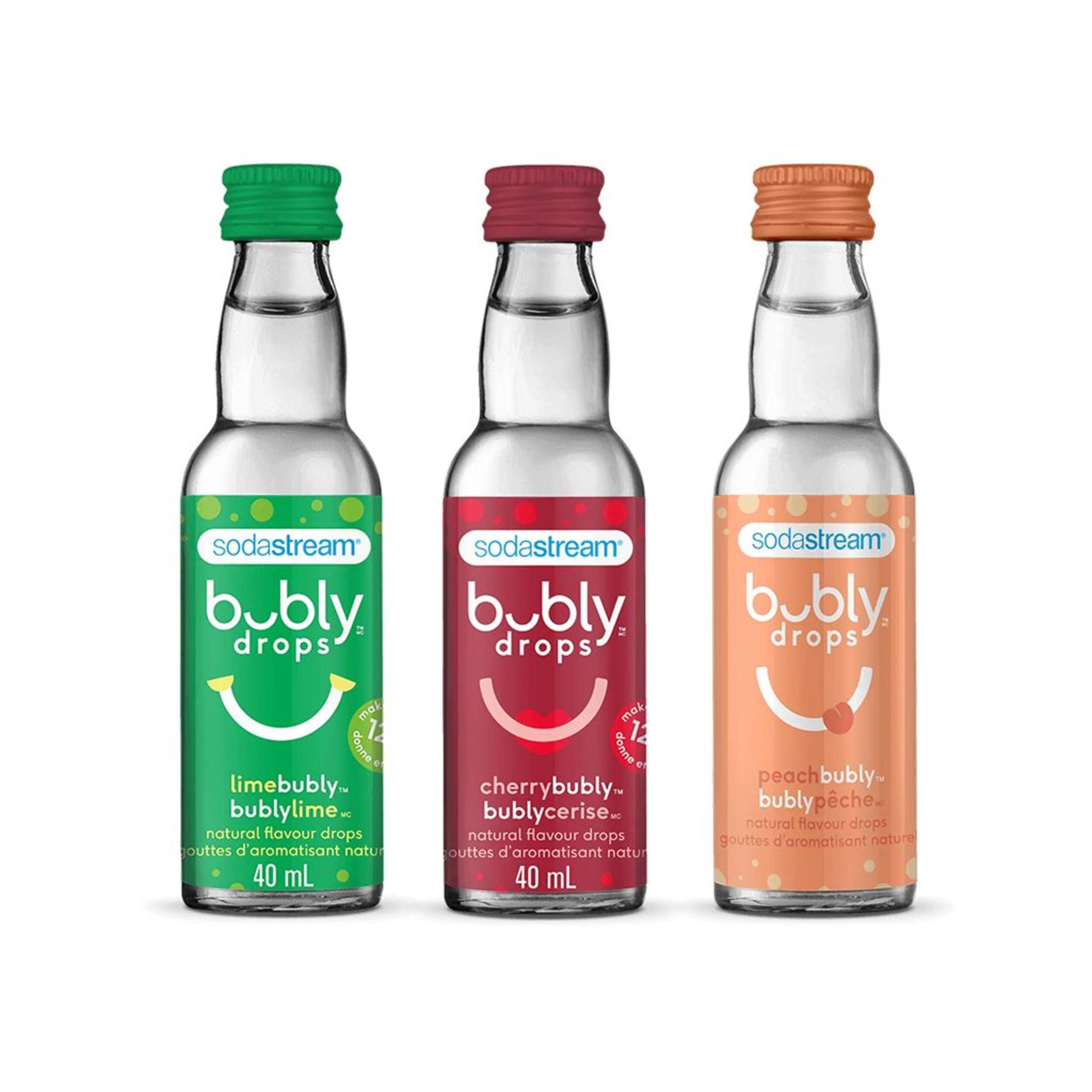 Concentré de saveurs naturelles en gouttes SodaStream Bubly, lime, cerise et pêche, 40 mL, paq. 3 Front_Flat