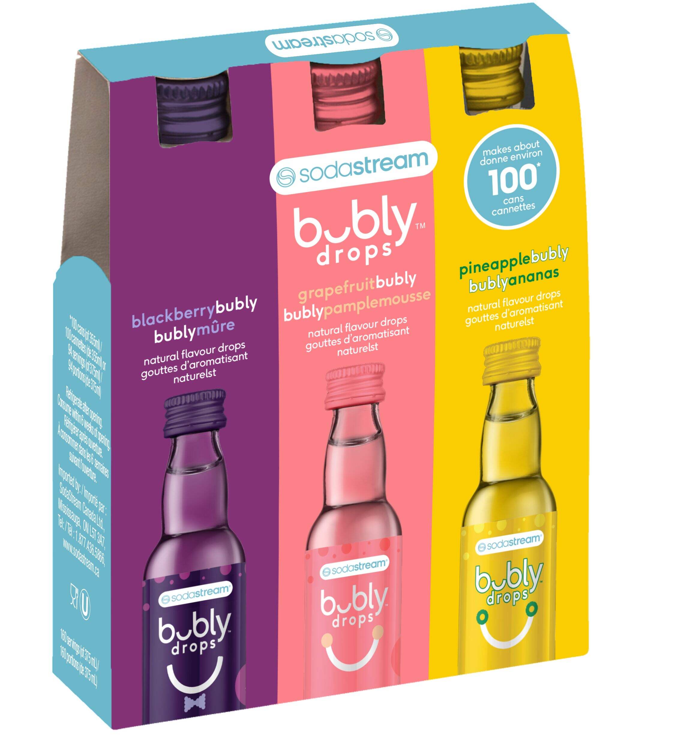 SodaStream Bubly Drops Natural Flavoured Sparkling Drink Mix, Blackberry, Grapefruit & Pineapple, 40-mL, 3-pk Front_Three_Fourths_Angled_Right