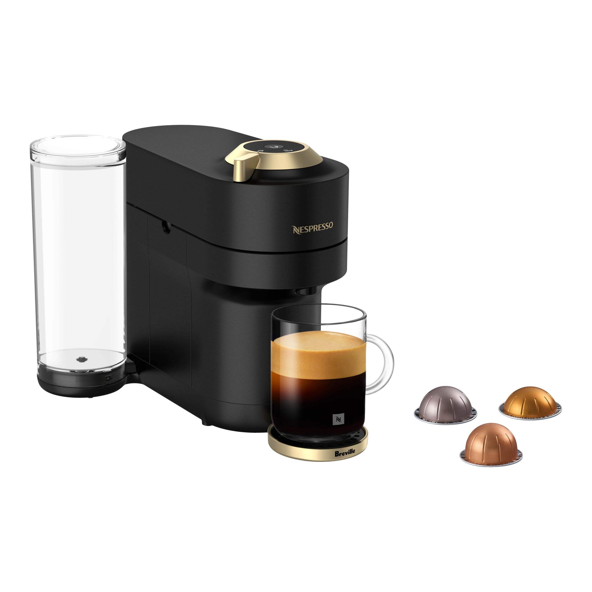 Nespresso® Vertuo Pop+ Deluxe Coffee and Espresso Machine by Breville, Matte Black & Gold Front_Angled_Right