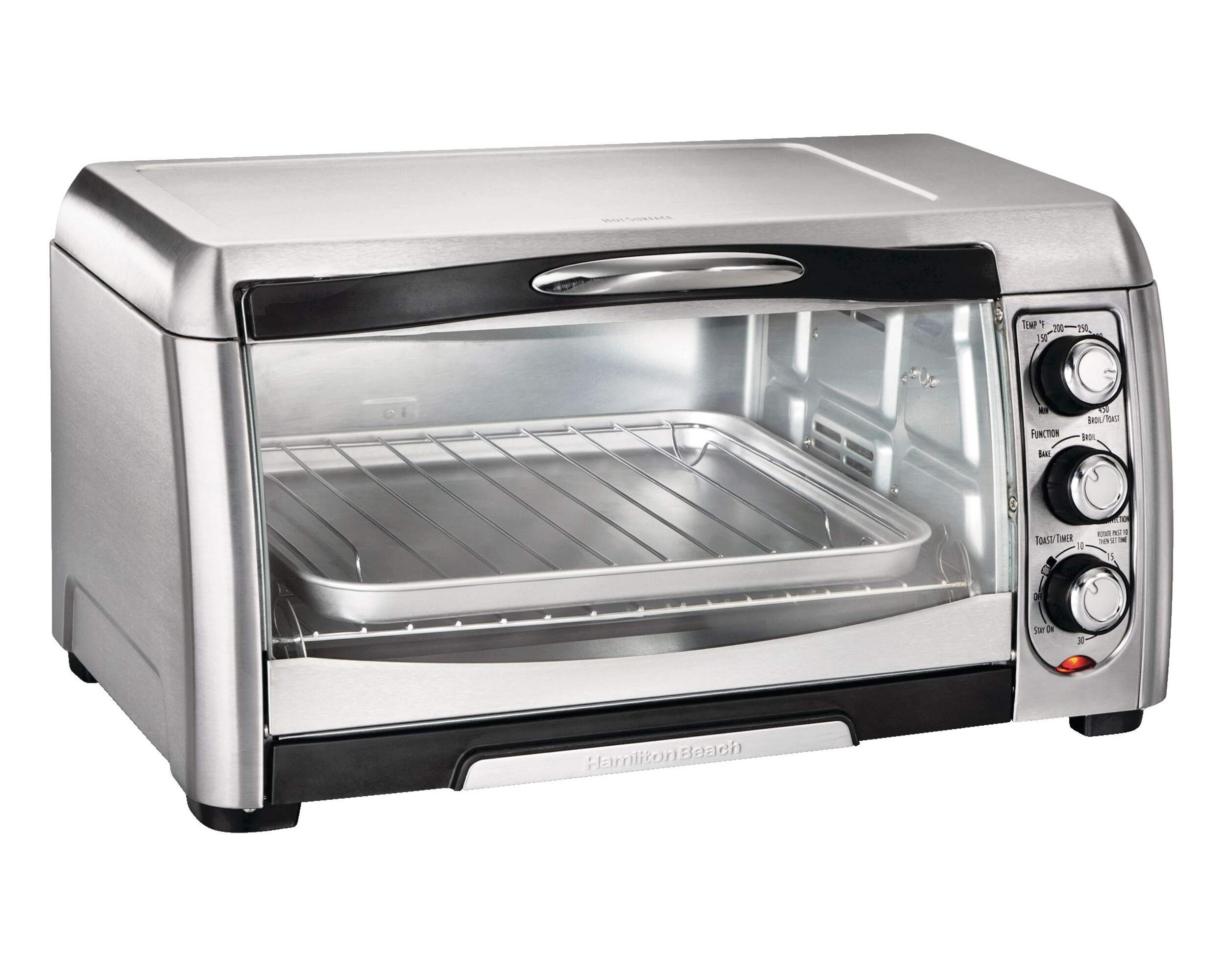 Hamilton Beach Easy-Reach Convection Toaster Oven w/ 3 Functions, Stainless Steel, 6-Slices Front_Three_Fourths_Angled_Right