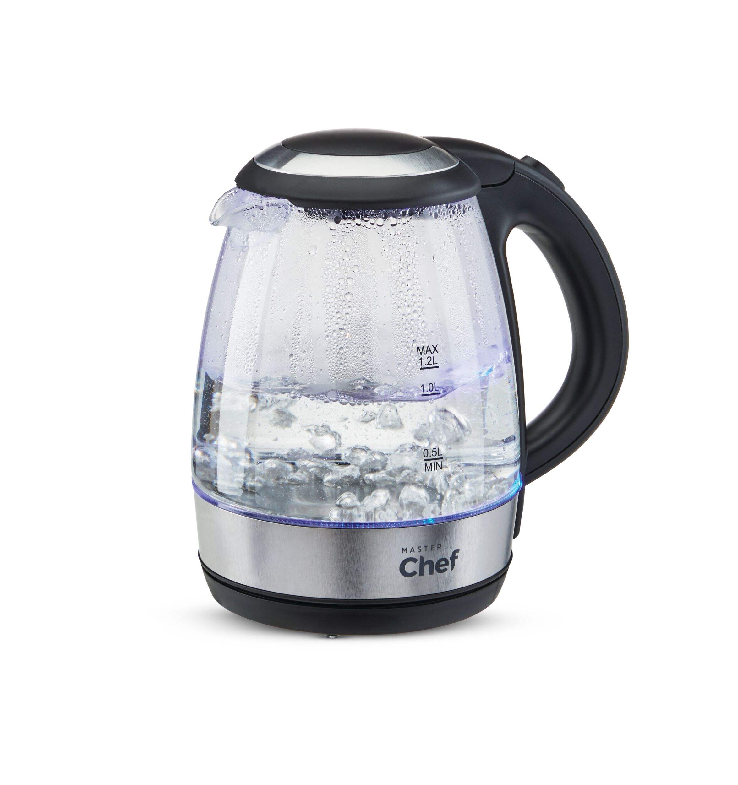 MASTER Chef Cordless Electric Kettle w/ Auto Shut Off & Blue Light, Glass, 1.2L Front_Angled_Right