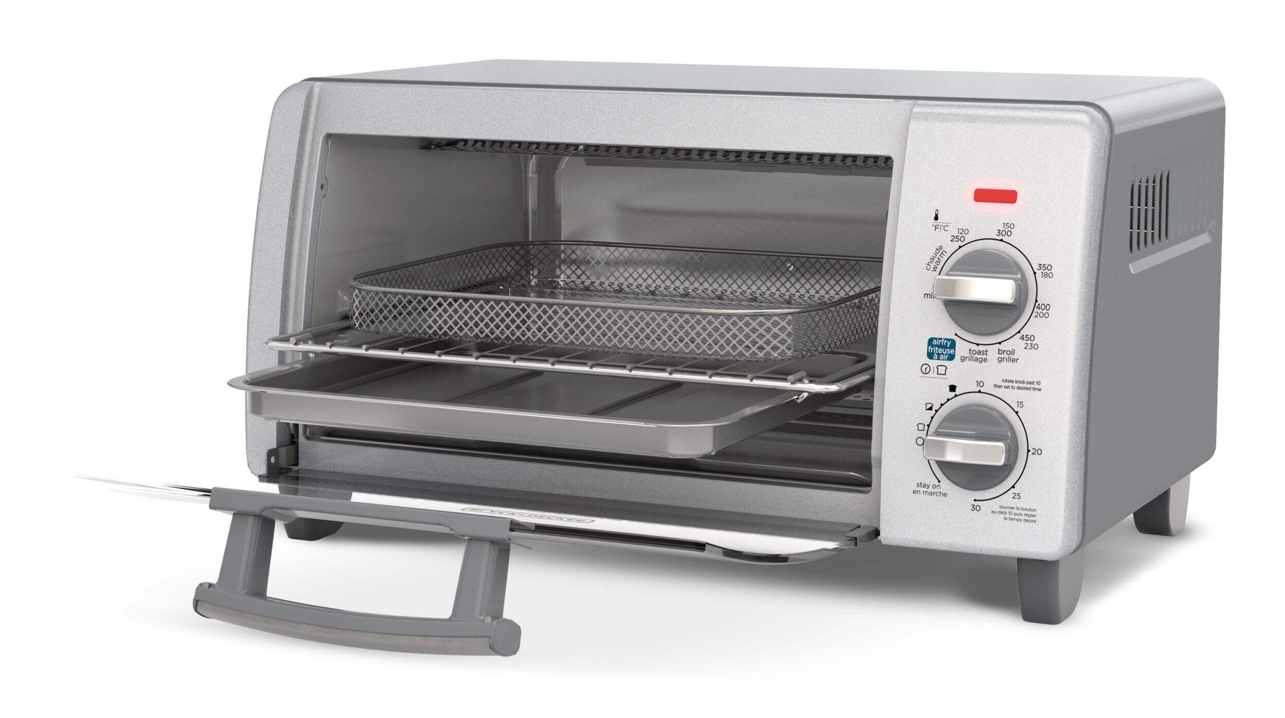 Black & Decker Air Fryer Toaster Oven w/ 5 Functions, Stainless Steel, 4-Slices Front_Three_Fourths_Angled_Left