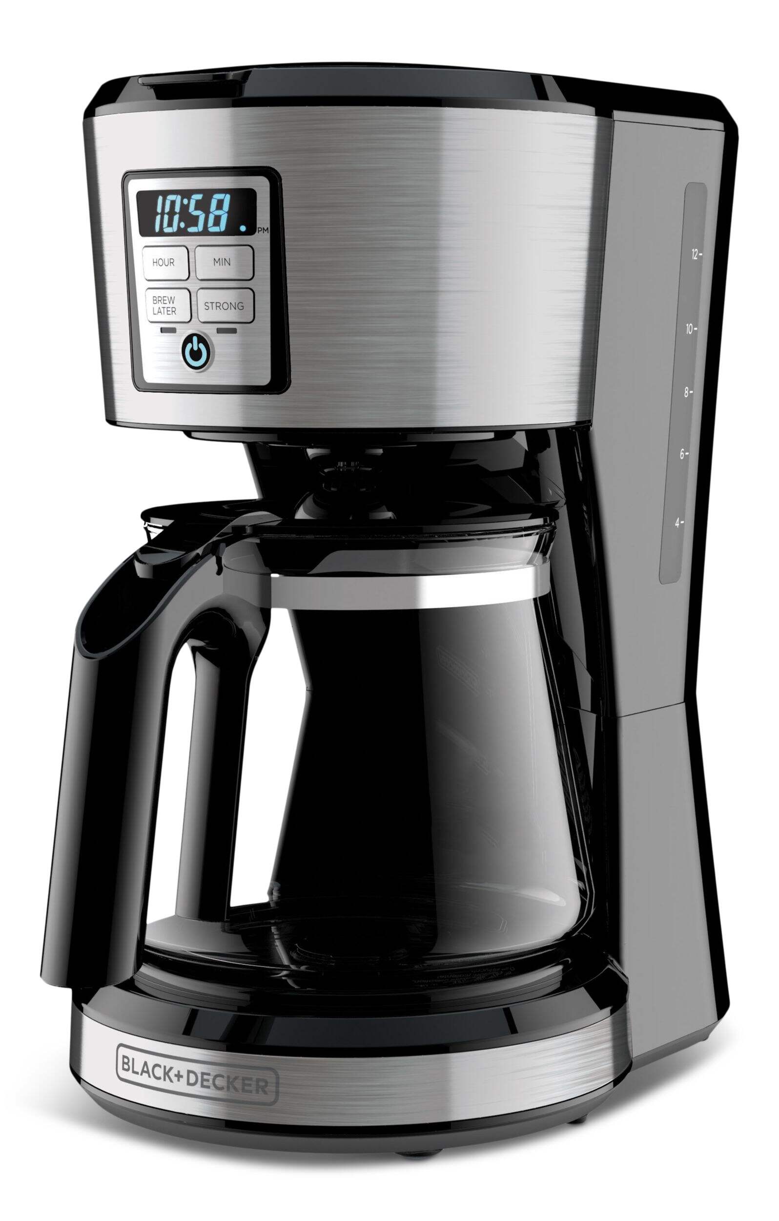 Black & Decker Programmable Coffee Maker w/ Glass Carafe, Stainless Steel, 12 Cups Front_Three_Fourths_Angled_Left