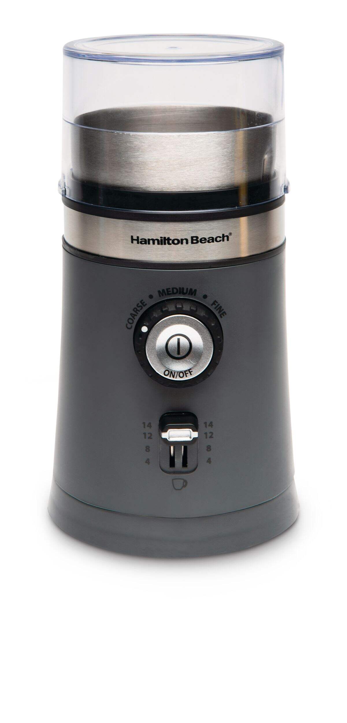 Hamilton Beach Custom Grind™ One Push Button Coffee Grinder/Spice Grinder w/ Auto Shut Off, Grey, 14 Cups Front_Elevated