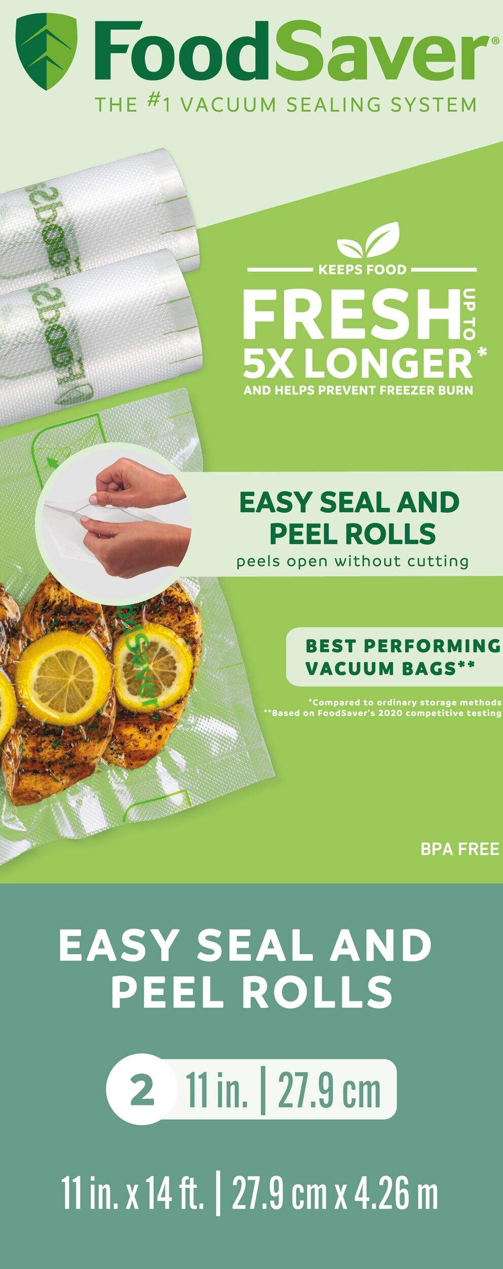 FoodSaver Easy Seal & Peel Vacuum Sealer Roll, BPA-Free, 11-in x 14-ft, 2-pk Front_Flat