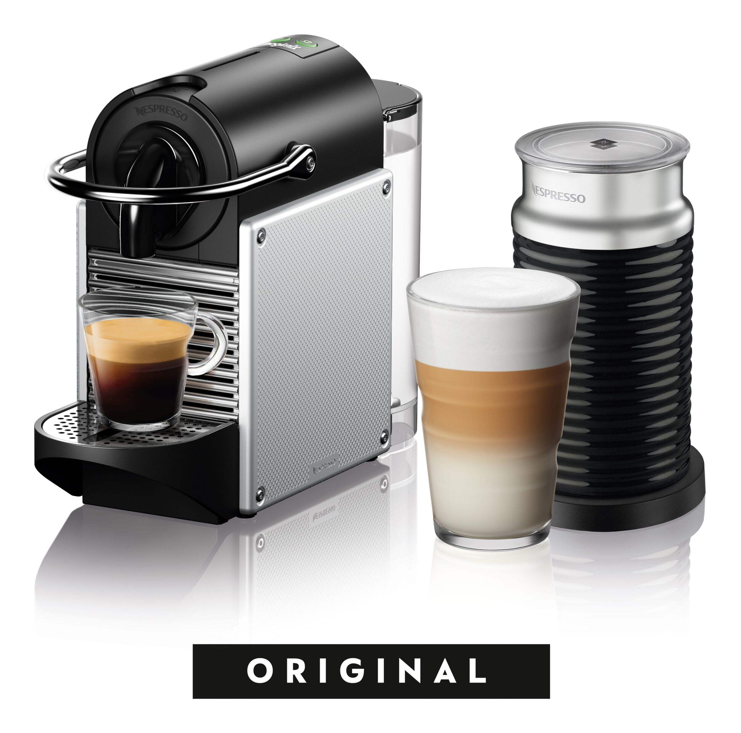 Nespresso Pixie Espresso Machine with Aeroccino Milk Frother, Silver Front_Three_Fourths_Angled_Left