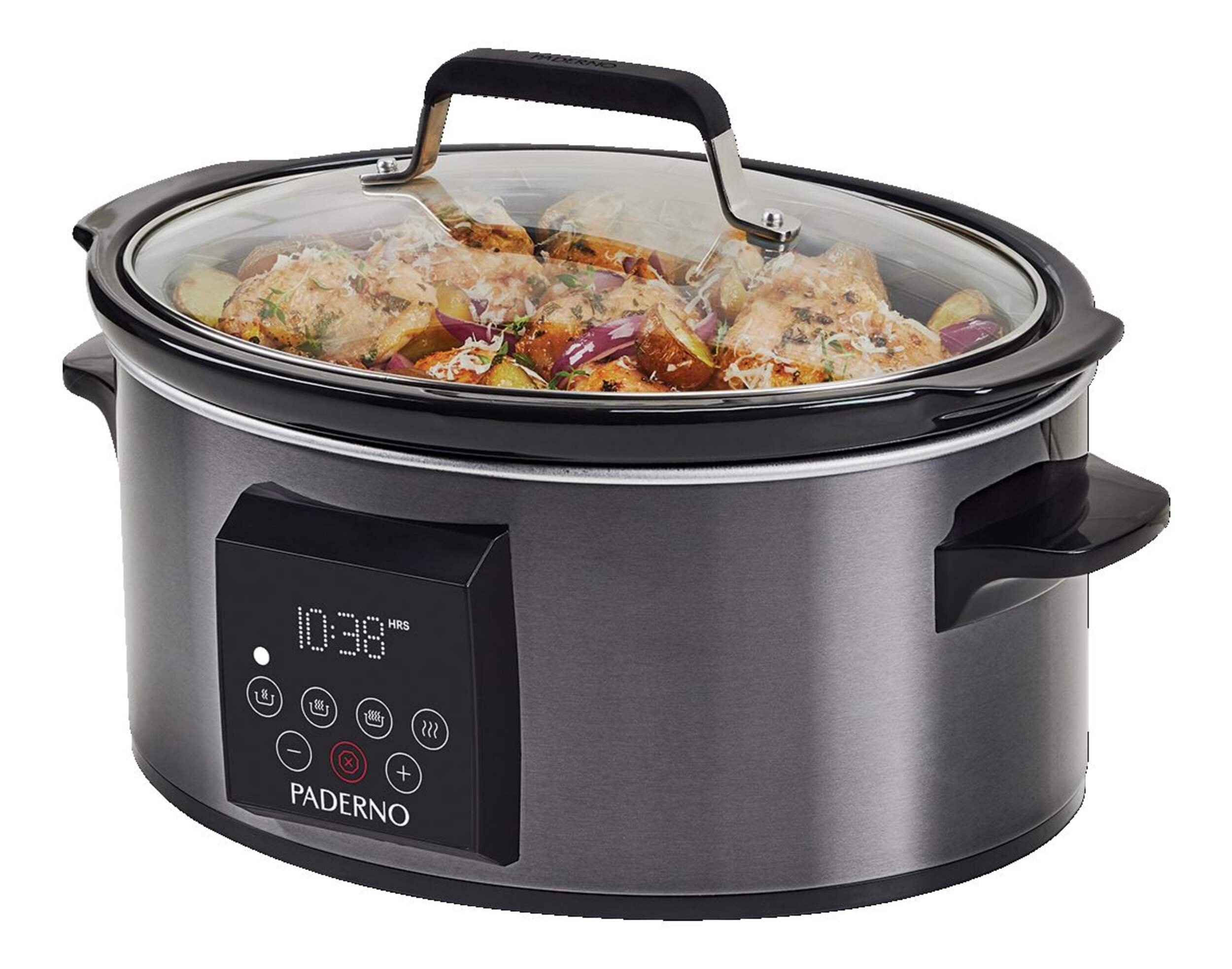 PADERNO Digital Programmable Slow Cooker, Black Stainless Steel, 6qt Front_Three_Fourths_Angled_Left
