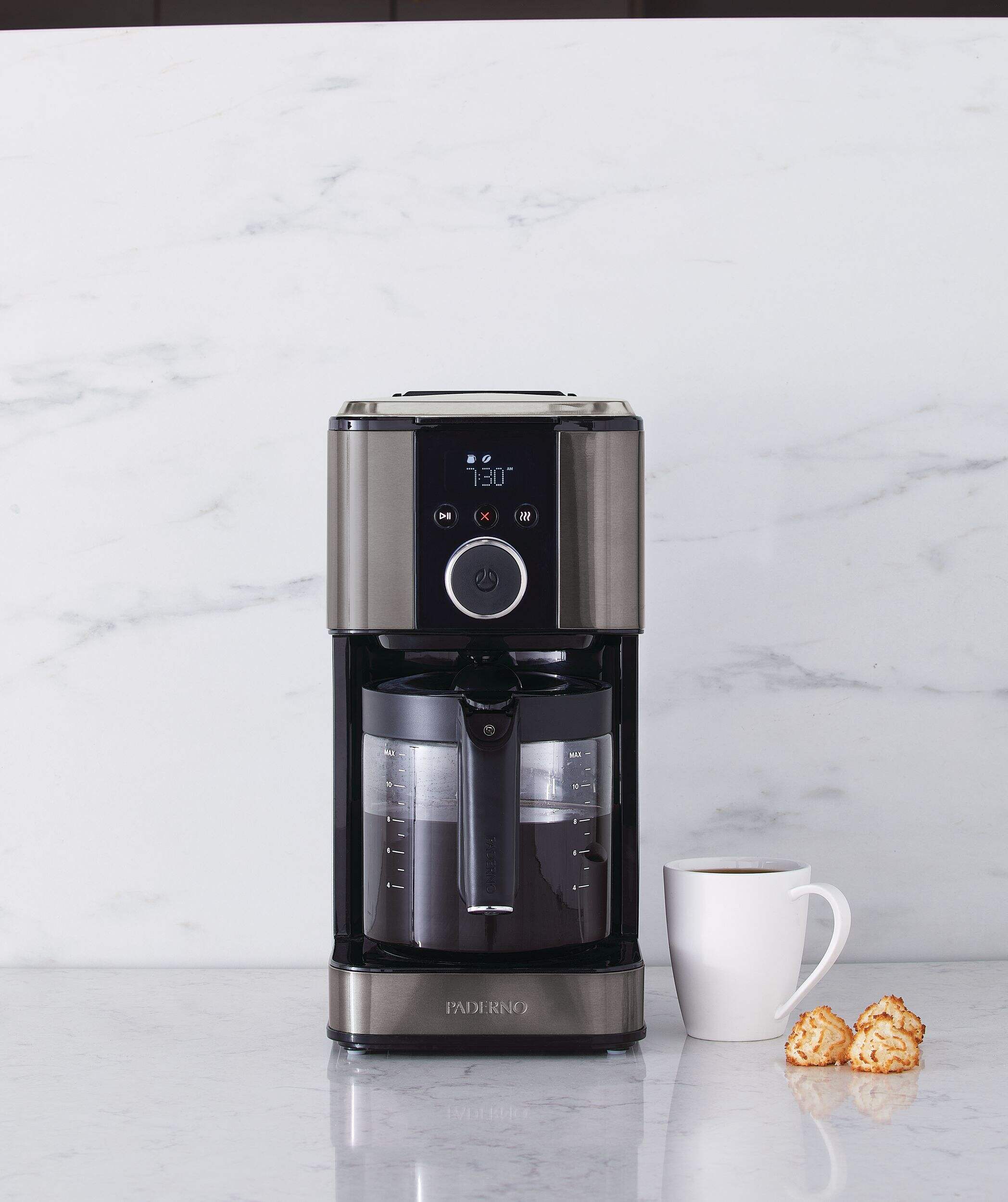 PADERNO Programmable Coffee Maker, Black Stainless Steel, 12 Cups