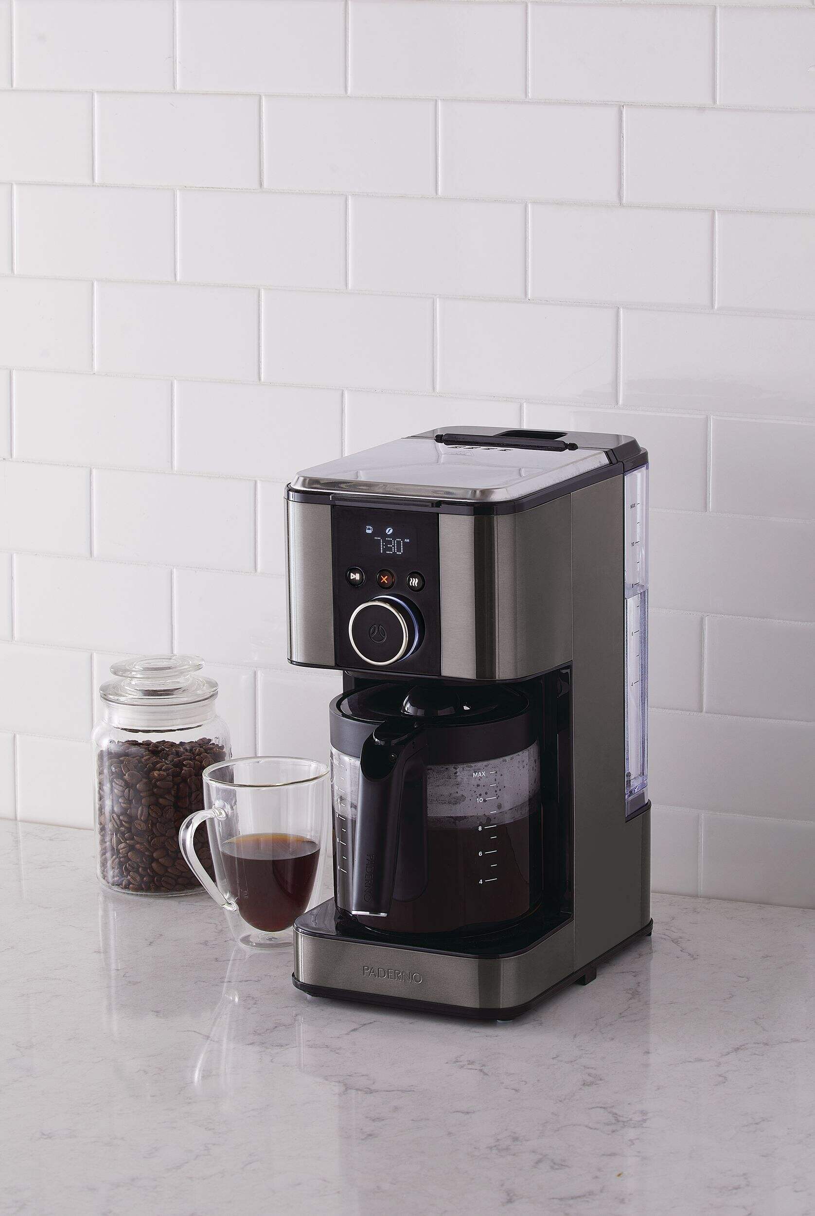 PADERNO Programmable Coffee Maker, Black Stainless Steel, 12 Cups