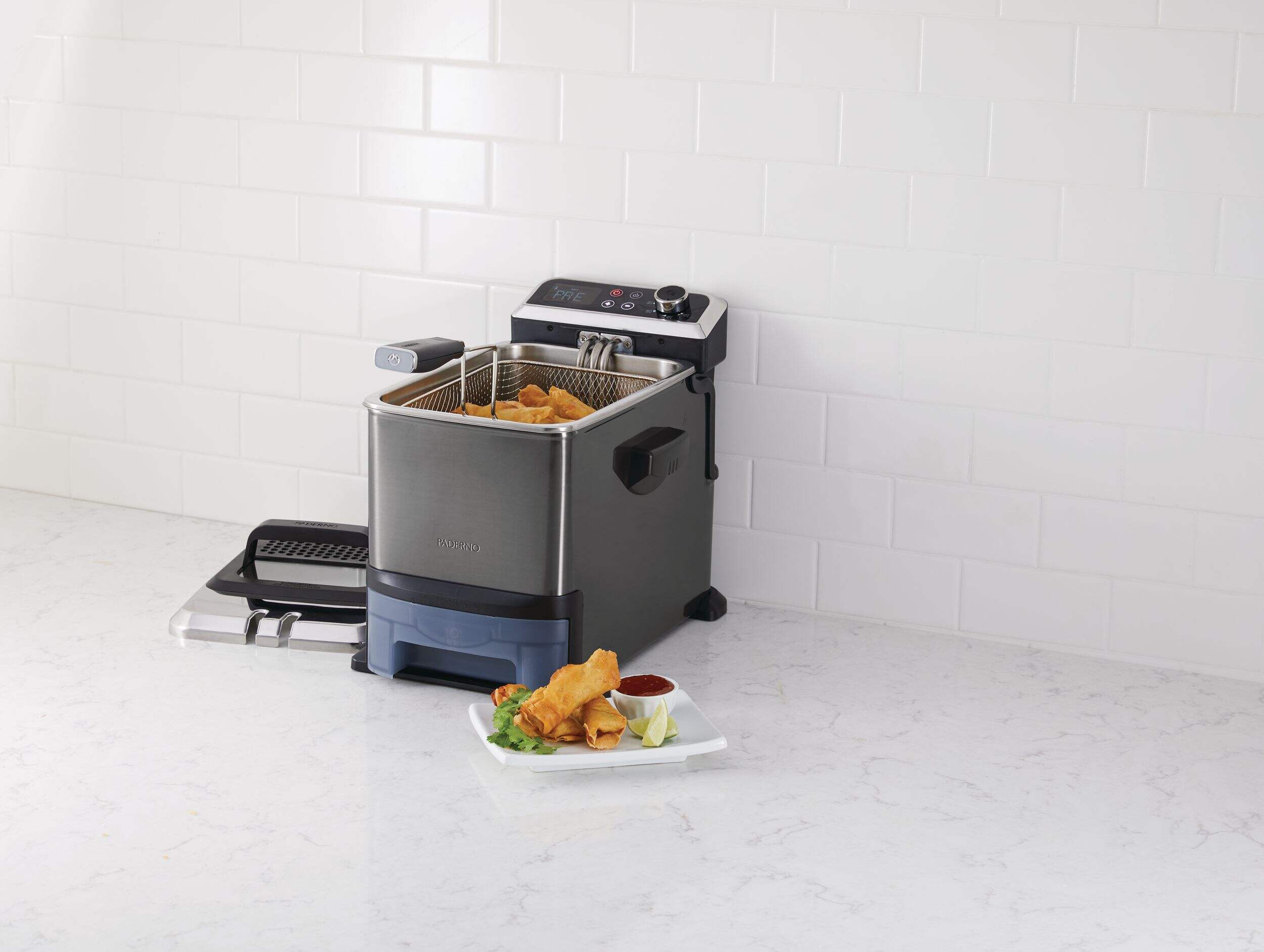 Friteuse à vidange automatique PADERNO avec affichage numérique et filtre à huile, acier