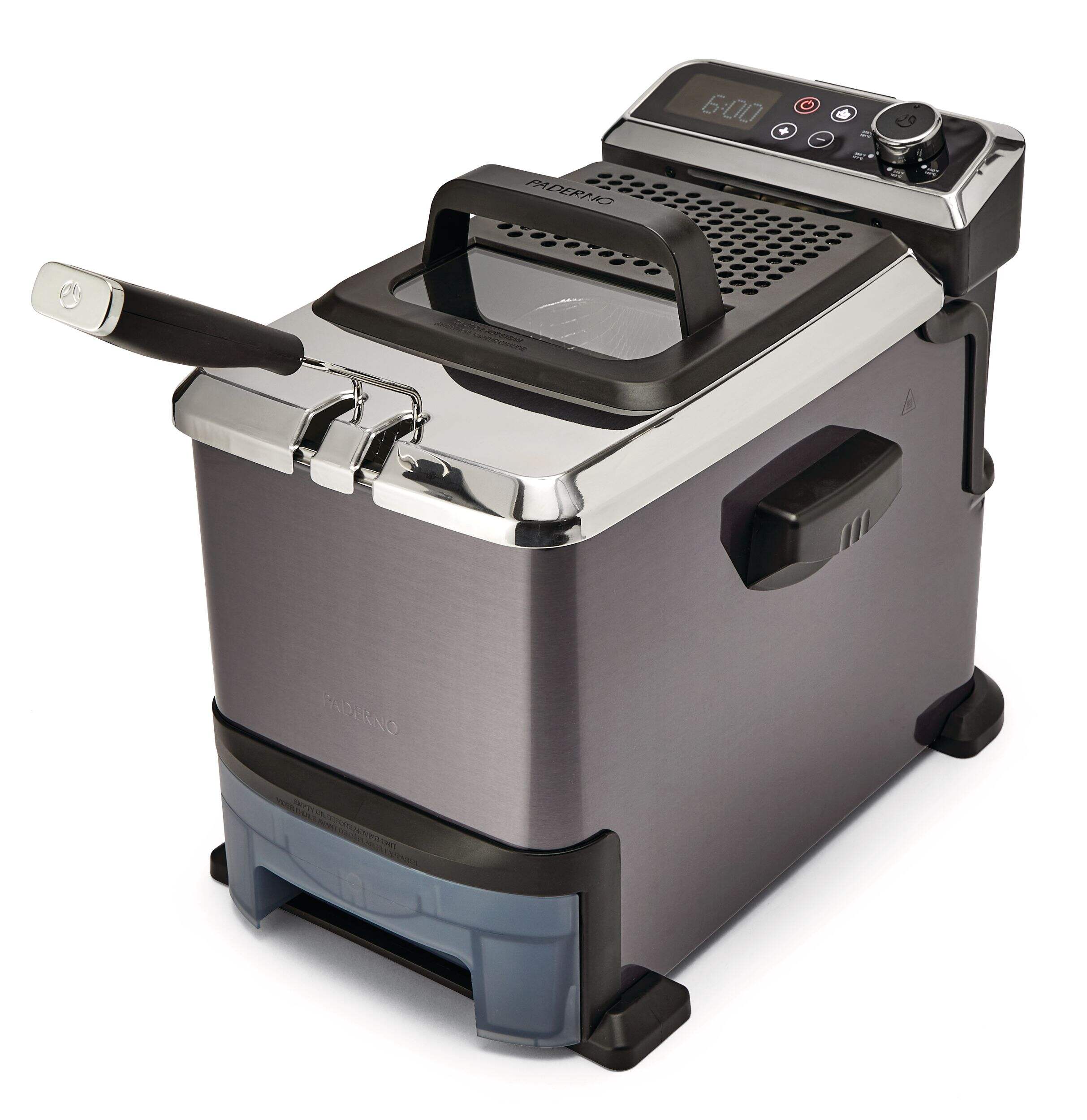 Friteuse à vidange automatique PADERNO avec affichage numérique et filtre à huile, acier