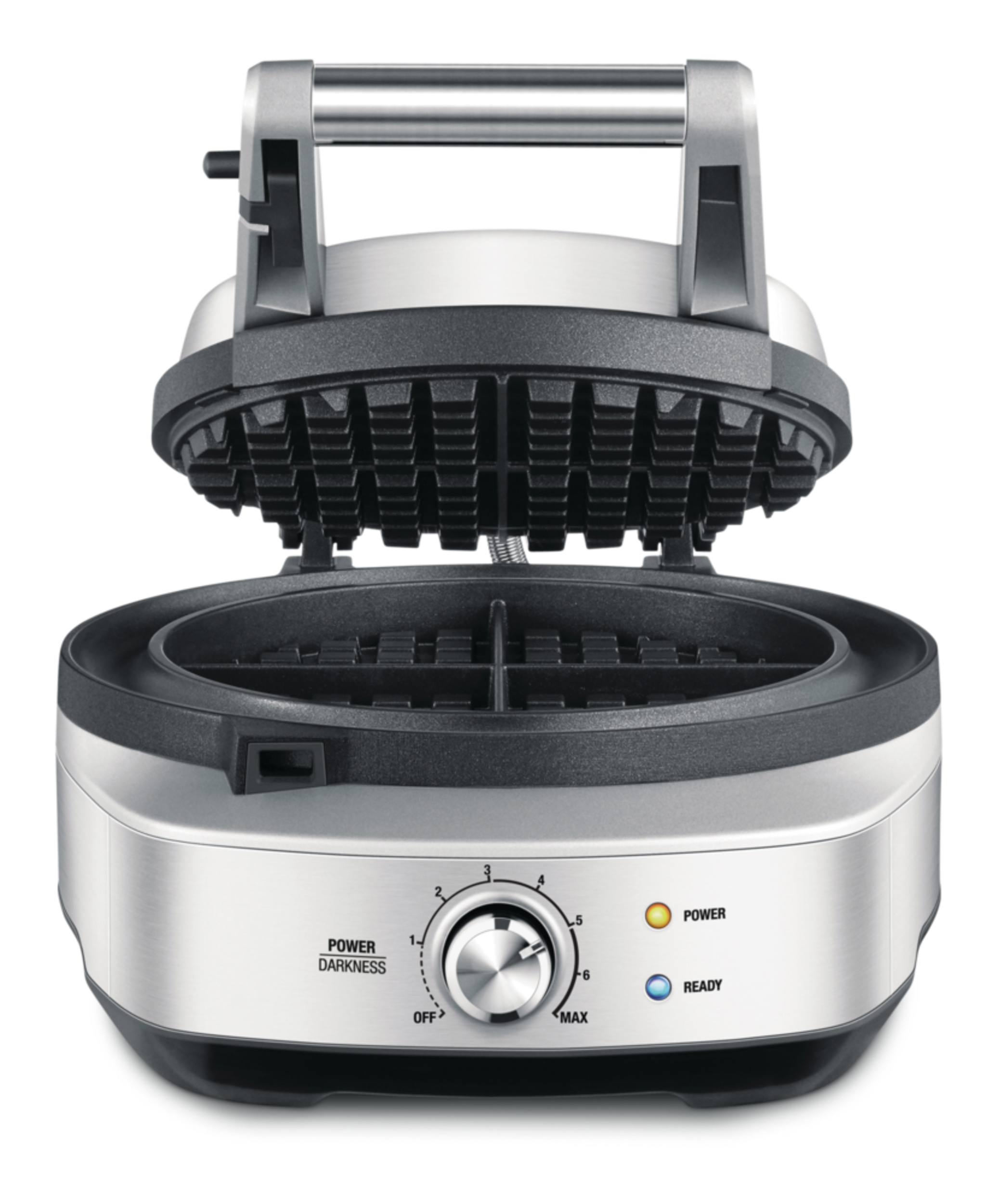 Breville The No-Mess Round Waffle Maker, PFOA Free, Stainless Steel Front_Elevated
