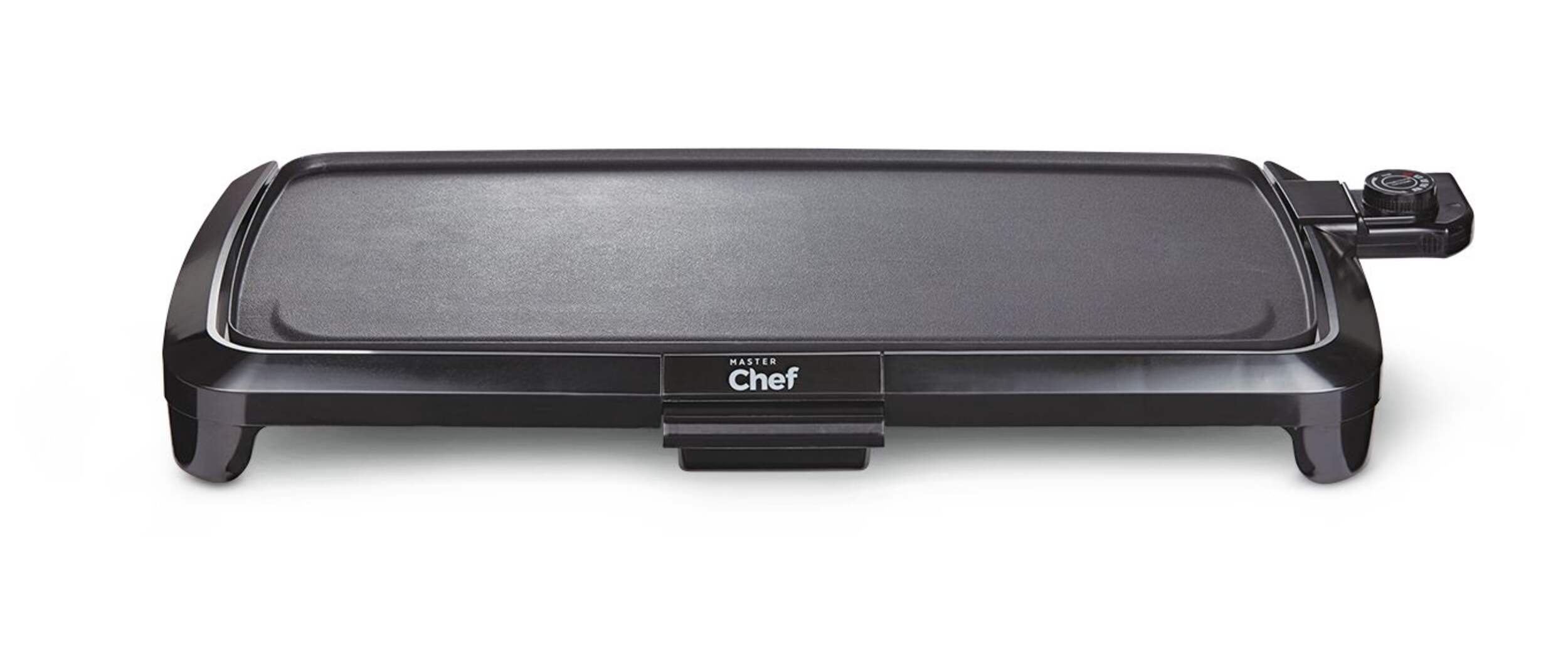 MASTER Chef Flat Top Electric Griddle w/ Warming Tray, Black, 10x20-in Front_Elevated